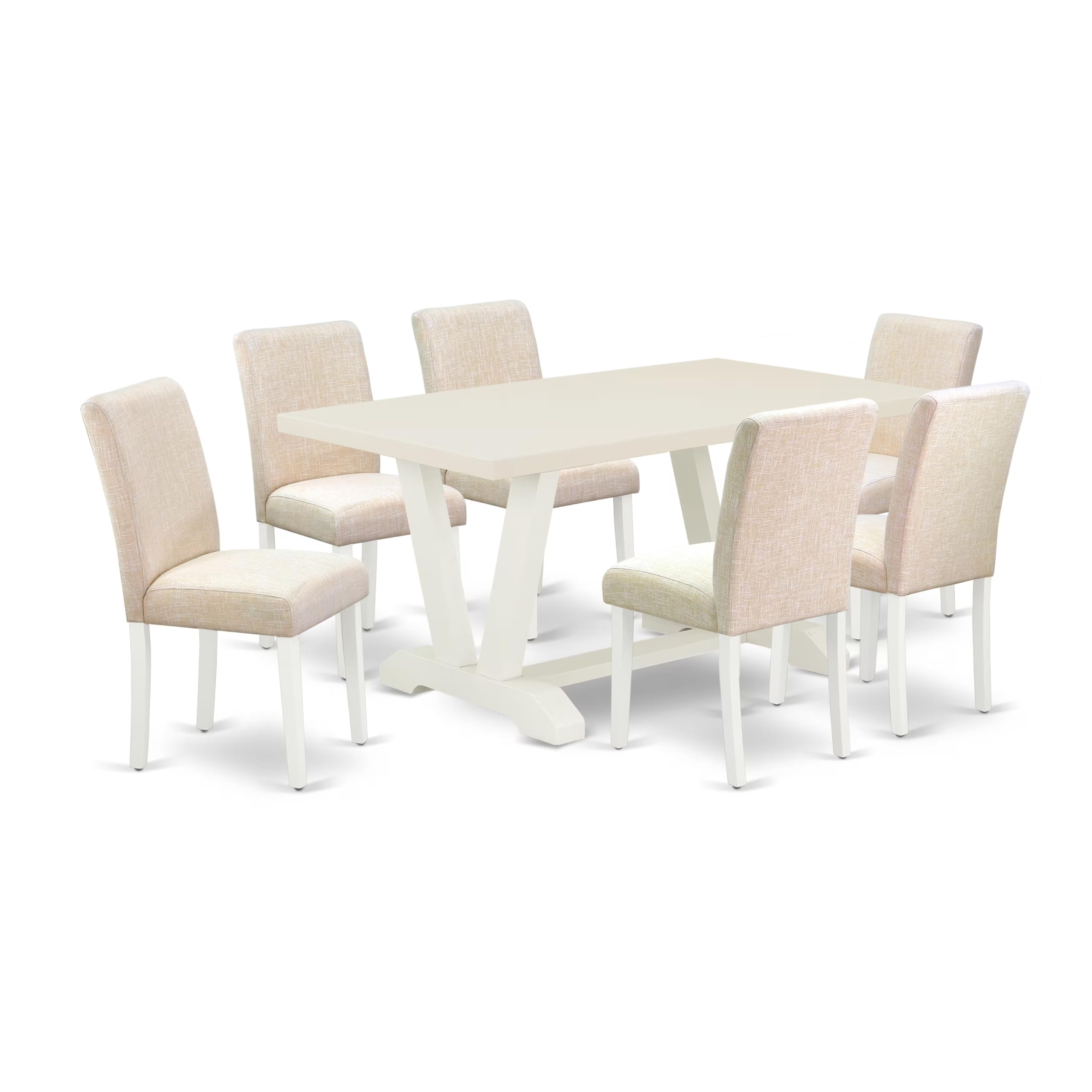 East West Furniture V026Ab202-7 7 Piece Dining Room Furniture Set Consist Of A Rectangle Dining Table With V-Legs And 6 Light Beige Linen Fabric Parson Chairs, 36X60 Inch, Multi-Color