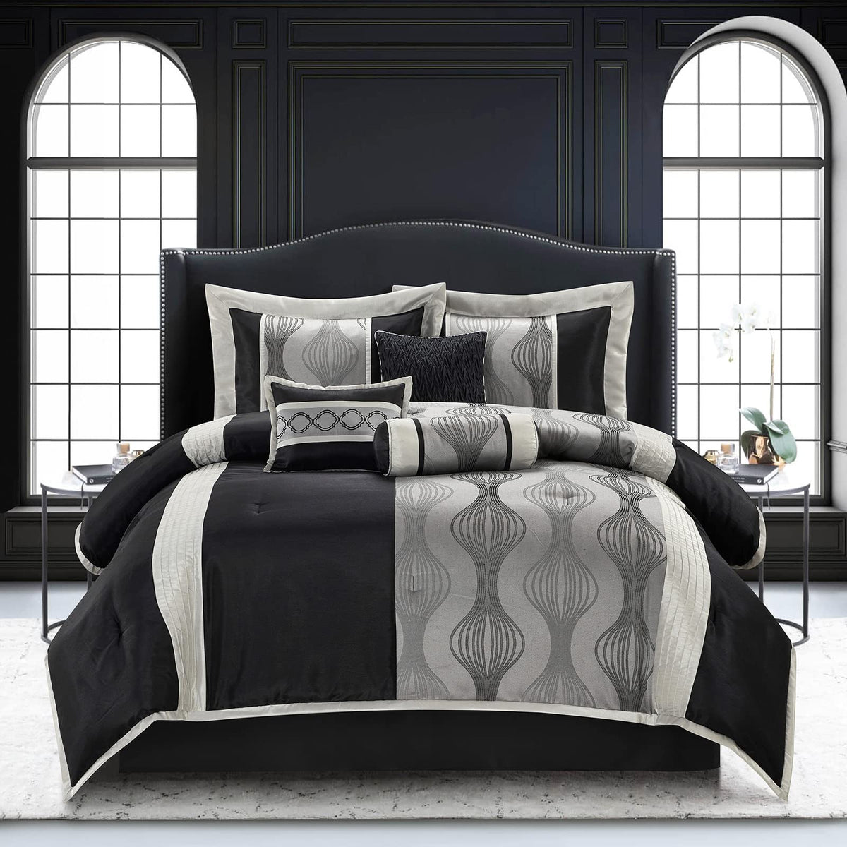 Stratford Park Elegant Black And Silver Comforter Set Queen Size, 7 Pieces Bedding & Collection, Jacquard All Season Comforter &