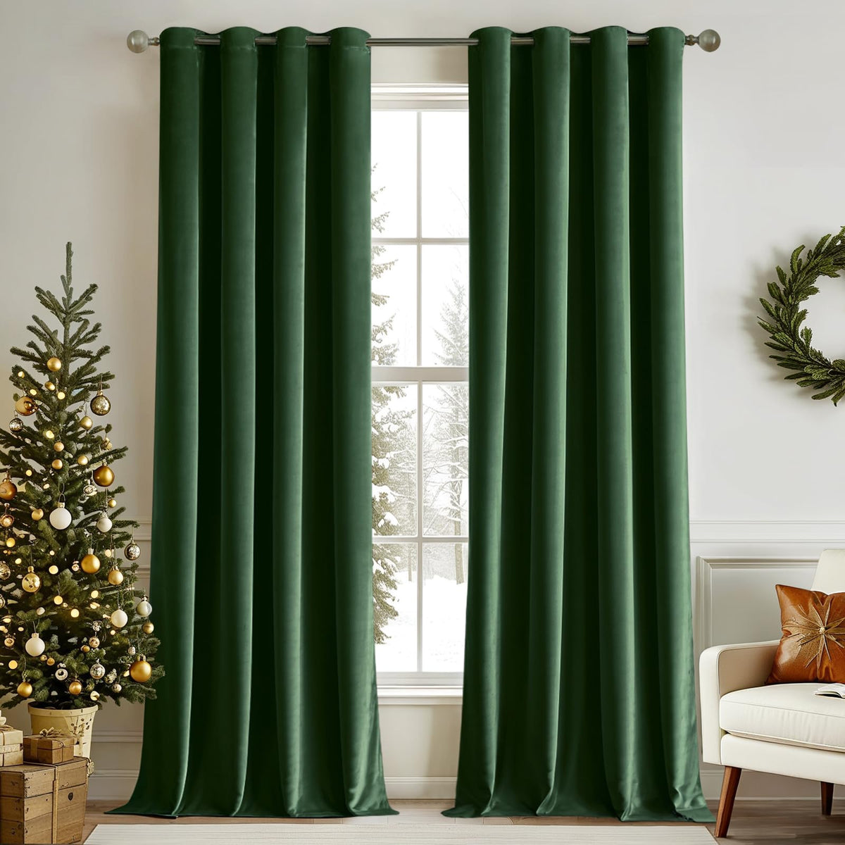Miulee Velvet Curtains Emerald Green Elegant Christmas Grommet Thermal Insulated Soundproof Room Darkening Black Out Curtains/Dr