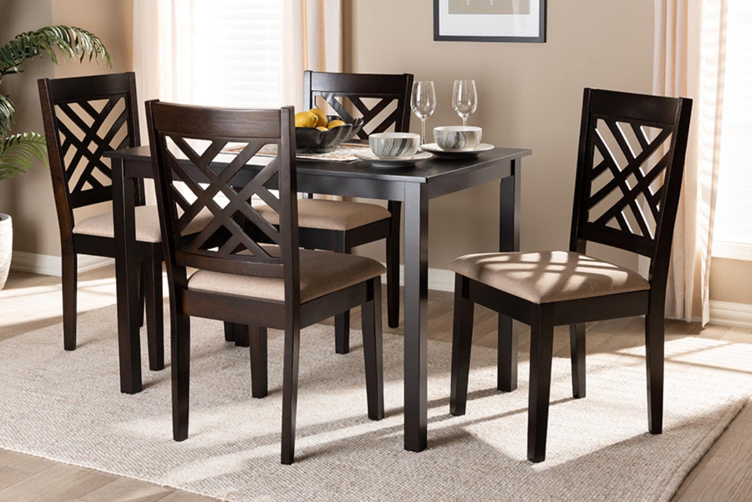 Baxton Studio Caron Modern And Contemporary Sand Fabric Upholstered Espresso Brown Finished Wood 5-Piece Dining Set