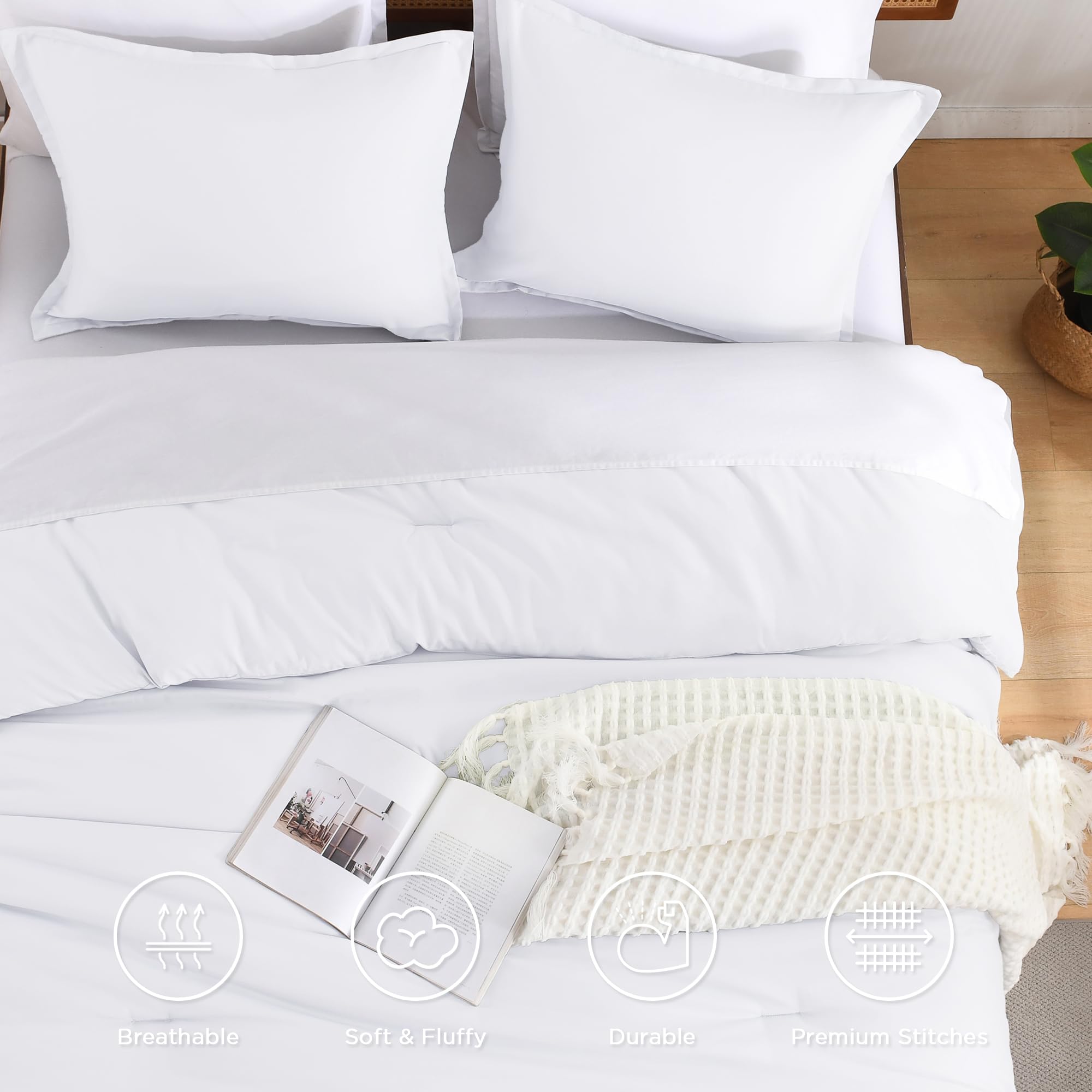 Andency White Full Size Comforter Set, 3 Pieces Boho Solid Reversible Bed Comforter Set, All Season Lightweight Soft Microfiber Bedding Comforter Set For Girls, Women, Adults