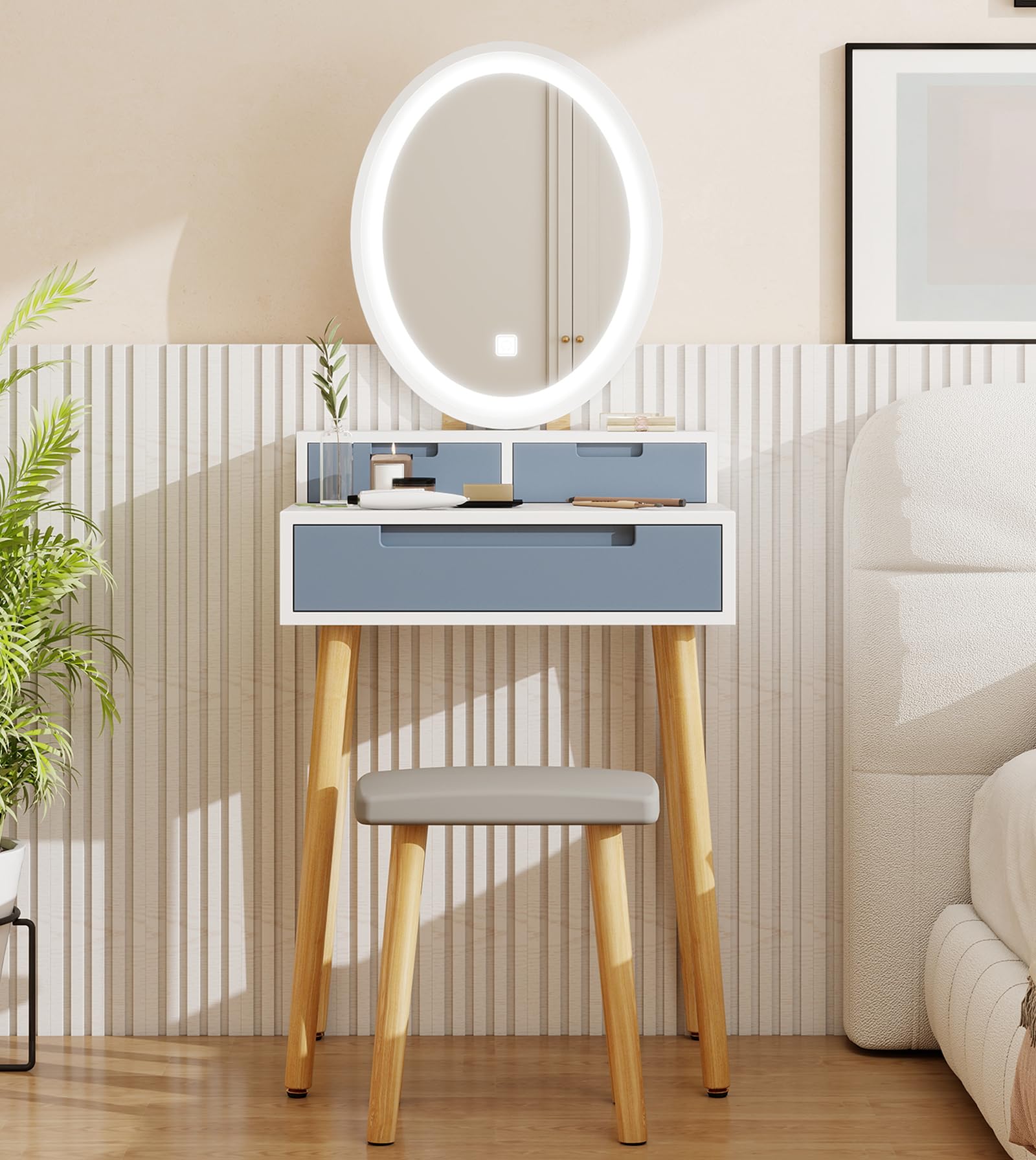 YOURLITE Small Makeup Vanity Desk with Lights, Compact Vanity Desk with Adjustable Brightness Mirror for Small Spaces, Dressing 