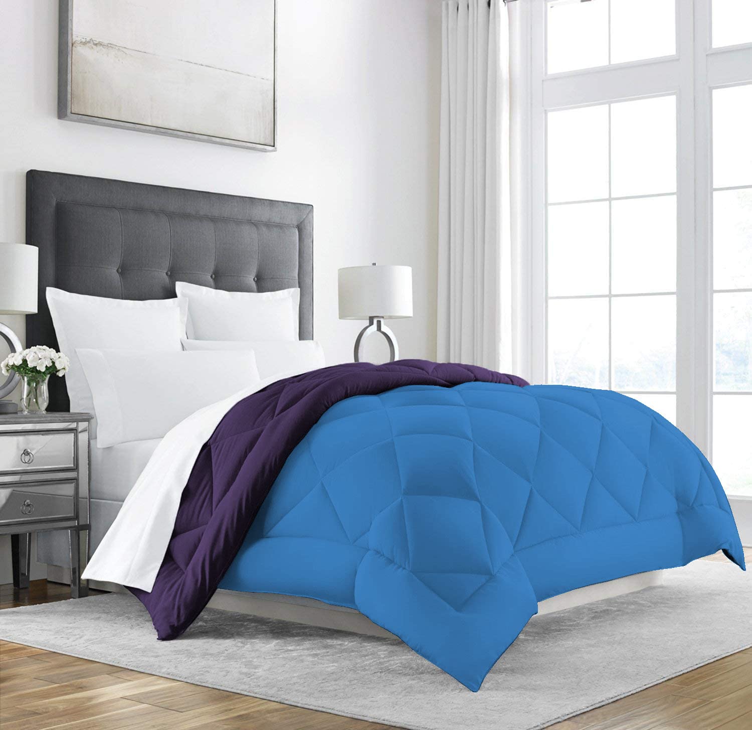 Linenovation AllSeason Microfiber Reversible Duvet/Ac Comforter/Quilt (Royal Blue Purple, 90 Inch X 100 Inch)
