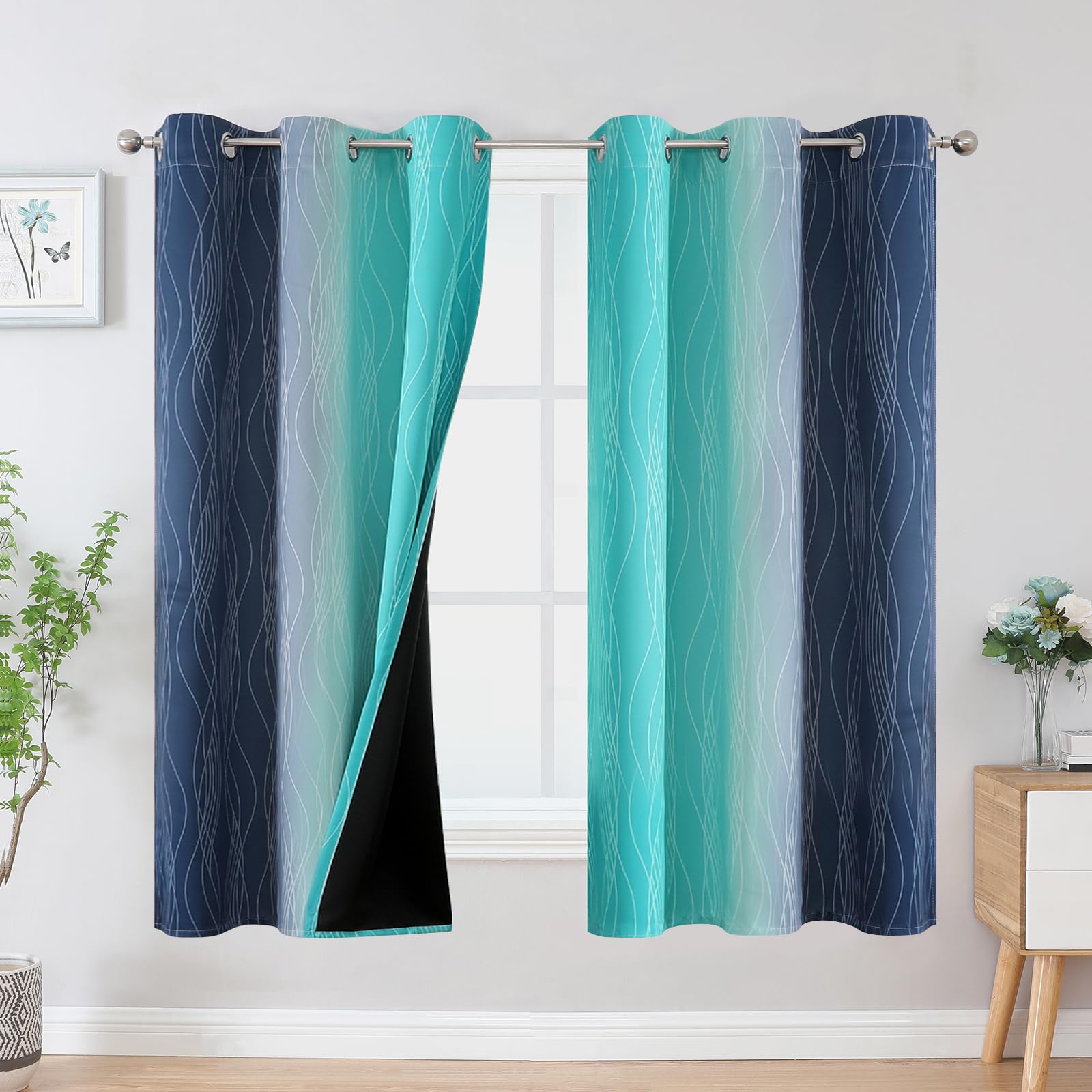 Estelar Textiler Teal And Navy Blue Blackout Curtains For Boys Bedroom, Full Room Darkening Grommet Ombre Curtains For Living Ro