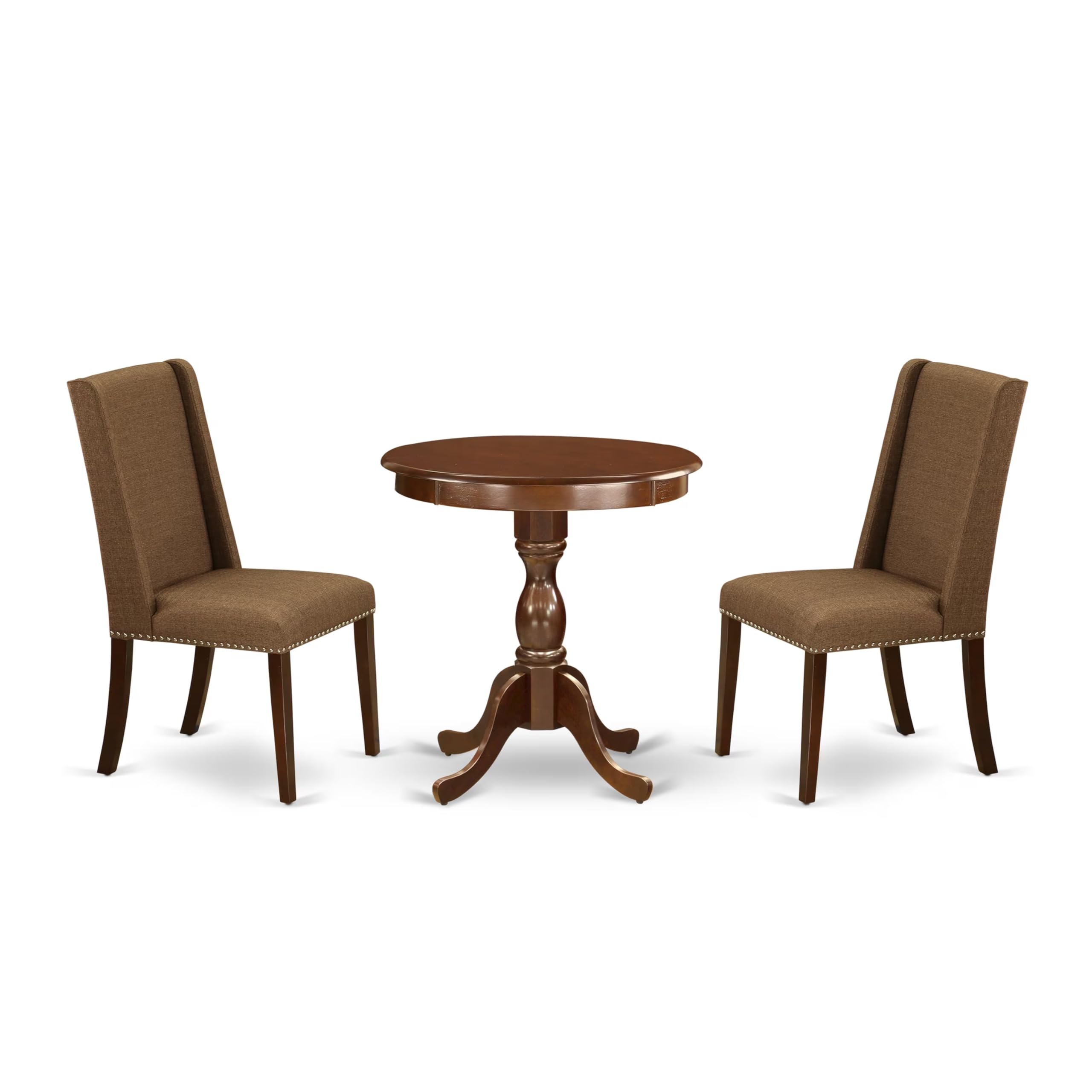 East West Furniture Esfl3-Mah-18 3 Piece Dining Room Furniture Set Contains A Round Dining Table With Pedestal And 2 Brown Linen Linen Fabric Upholstered Chairs, 30X30 Inch, Mahogany