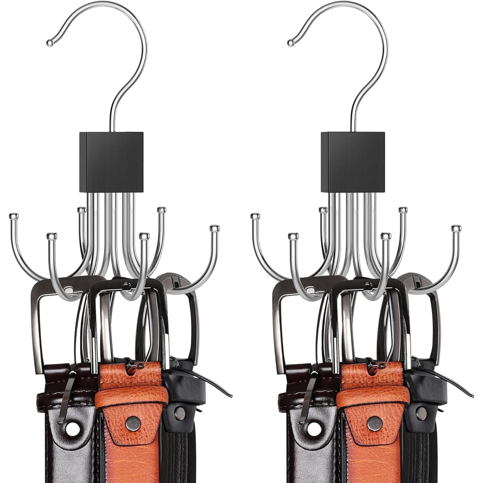 Belt Hanger Organiser For Closet, 360 Rotatable, Holds Up To 48 Belts, Chrome Finish, Space Saving, 2 Pack