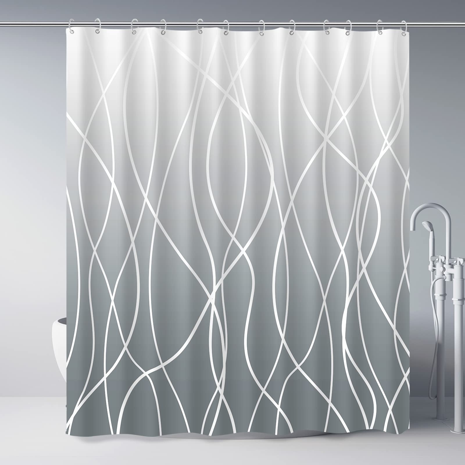 Punkray Ombre Grey Shower Curtain for Bathroom with Hooks,White Shower Curtain Set,Stripe Bath Curtains Decorative Shower Curtai