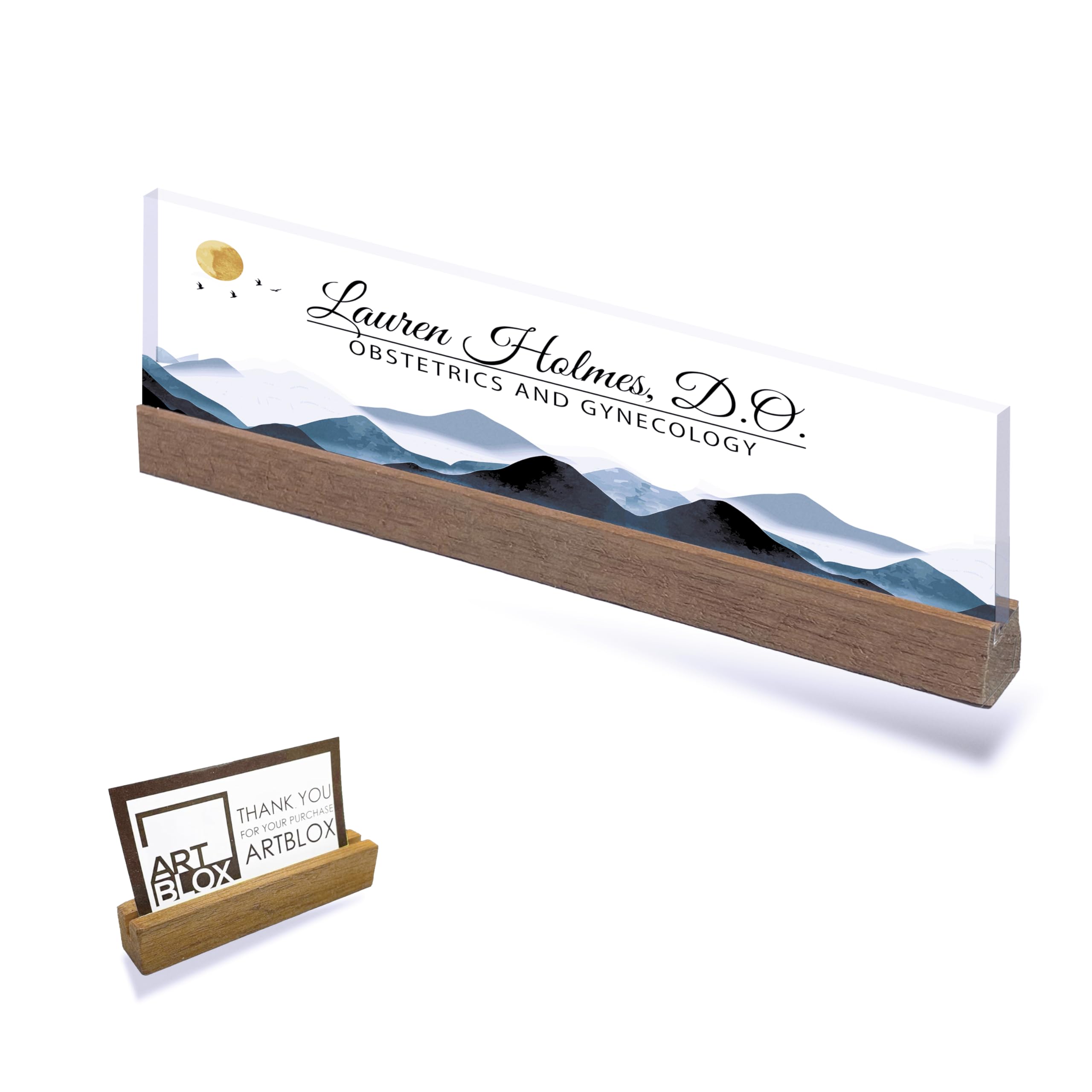 Artblox | Office Personalized Name Plate Mountains Design On Clear Acrylic Glass For Desk With Business Card Holder