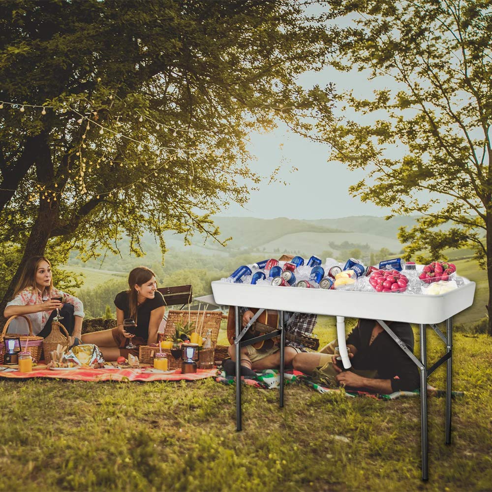 Vingli 4 Foot Party Ice Cooler Folding Table, Portable Tailgate Camp Fishing Cleaning, Plastic With Matching Skirt, Ice Table For Party, Bbq, Camping, Picnic