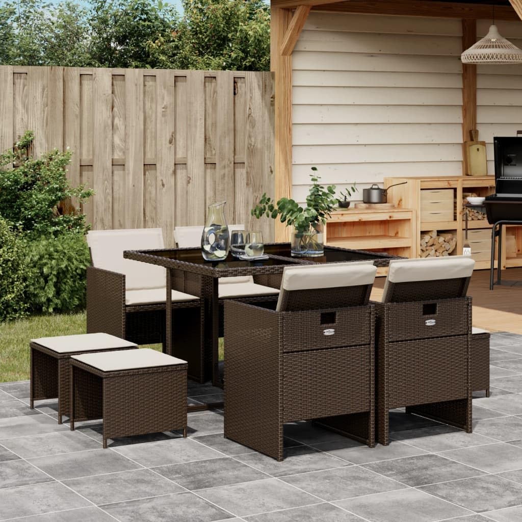 vidaXL - 9 Piece Patio Dining Set with Cushions - Brown Poly Rattan - Foldable Chairs with Flap Backrest - Tempered Glass Tabletop - UV-Resistant - Assembly Required