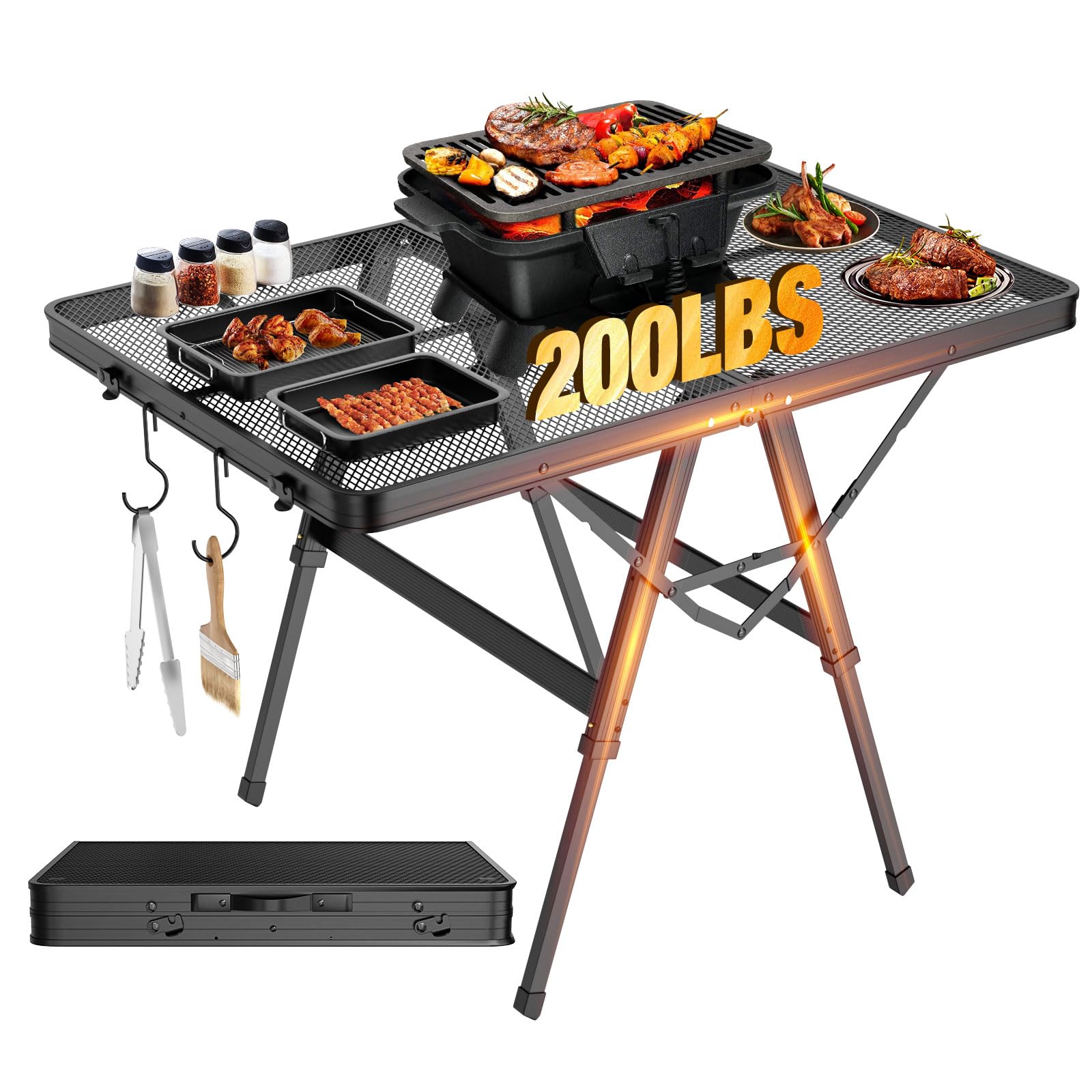Raynesys Foldable Grill Table With Mesh Desktop, 200Lbs 3Ft Portable Folding Table, Height Adjustable Metal Table For Ourdoor, Camping, Picnic, Bbq And Beach, Rv, 35.4' L X 23.6' W