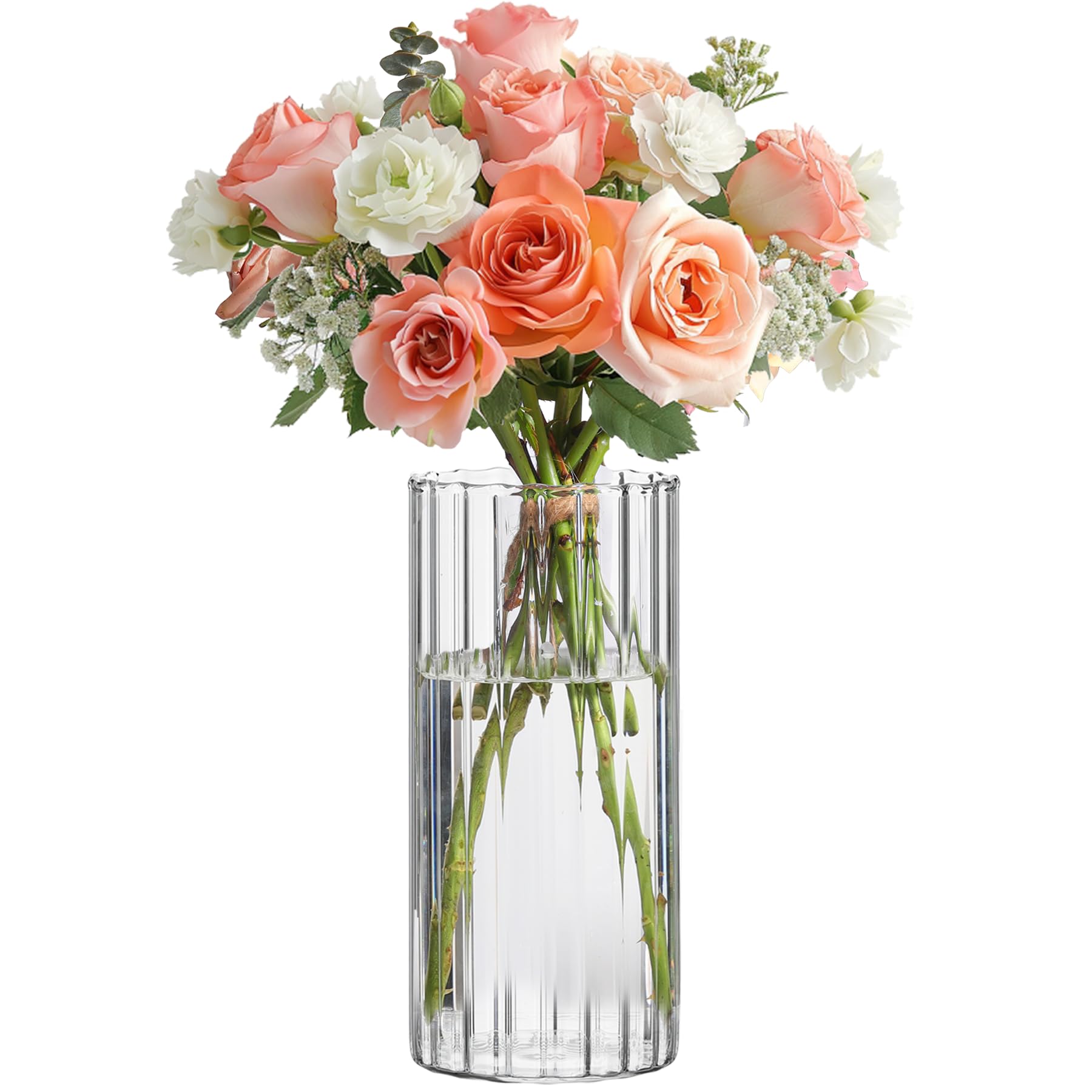 ComSaf Glass Cylinder Vases, Bud Vase for Centerpieces, 8 Inch Tall Ribbed Vase Hurricane Floating Candle Holder, Decorative Flo