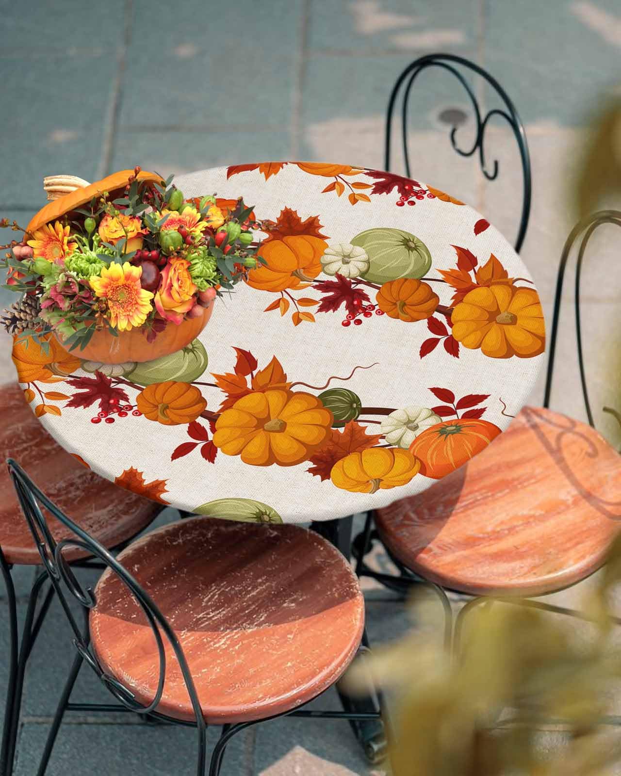 Thanksgiving Day Table Round Cover Elastic Edged Tablecloth, Autumn Maple Leaf Pumpkins Vines Indoor Outdoor Fitted Circle Table