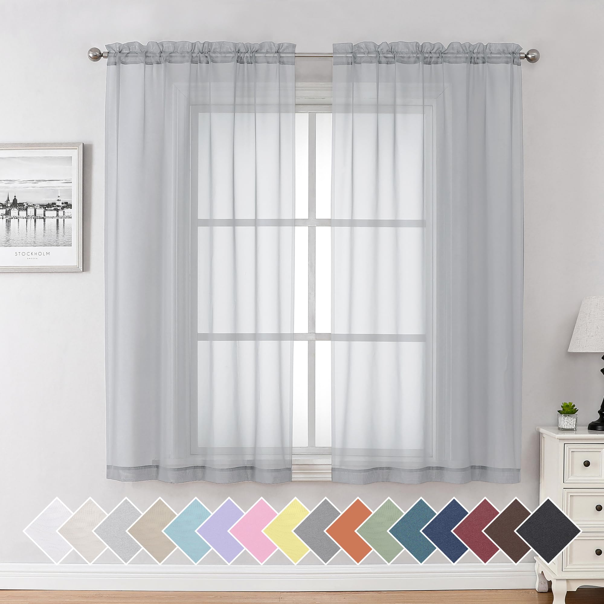 Aiyufeng Light Grey Sheer Window Curtains 63 Inches Long 2 Pcs- Rod Pocket Living Room Curtain Panels Voile Textured Soft And Li