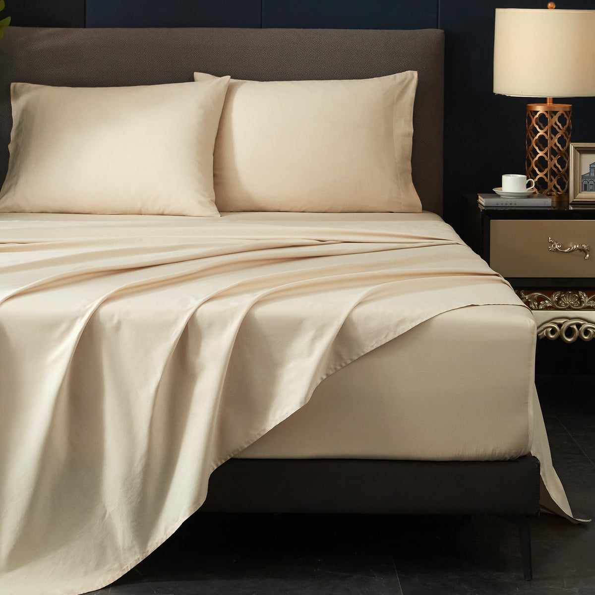 Hyprest Deep Pocket Queen Sheets Beige-100% Cotton Sheet Sets Fits 18'-24' In Deep Mattress, Hotel Luxury Soft Wrinkle Free Co