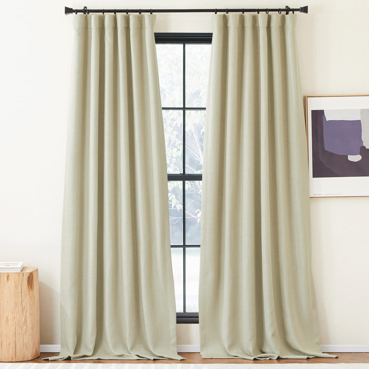 Nicetown Room Darkening Faux Linen Beige Curtains 108 Inches Long, Pinch Pleated Light Blocking Noise Reducing Thermal Insulated