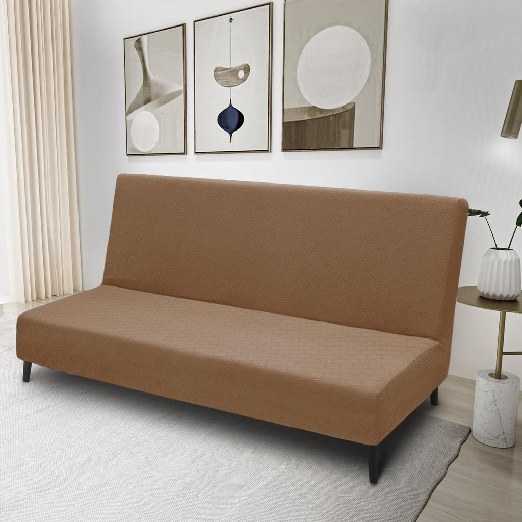 Znsayotx Armless Futon Covers Full Size (67'-82') Stretch Jacquard Sofa Bed Slipcovers, Striped Queen Futon Cover With Non-Slip Elastic Bottom, Soft Cozy Futon Mattress Cover Washable (Light Coffee)