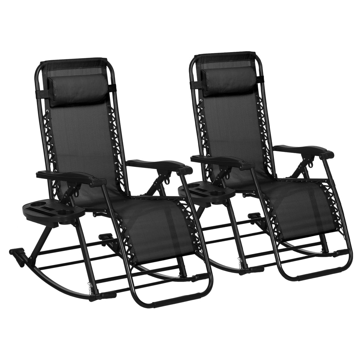 Outsunny 2 Pieces Outdoor Rocking Chairs, Foldable Reclining Zero Gravity Lounge Rocker With Pillow, Cup & Phone Holder, Combo Design With Folding Legs, Black
