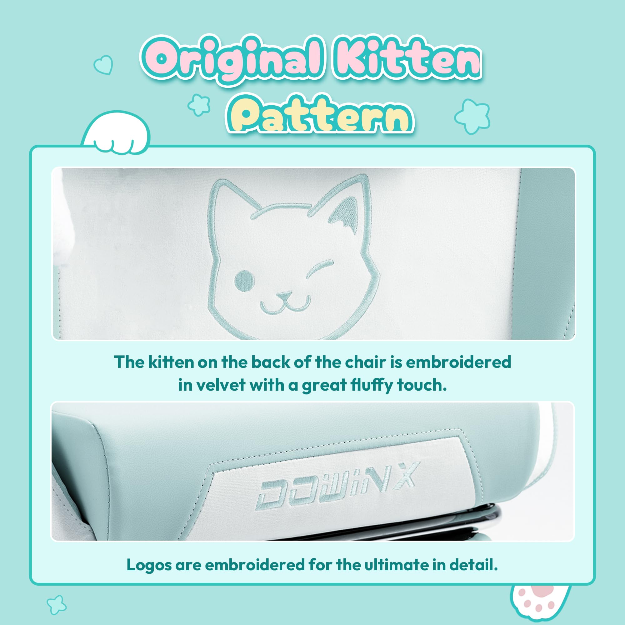 Dowinx Gaming Chair Cute With Cat Ears And Massage Lumbar Support, Ergonomic Computer Chair For Girl With Footrest And Headrest, Comfortable Reclining Game Chair 290Lbs For Adult, Teen, Blue Green