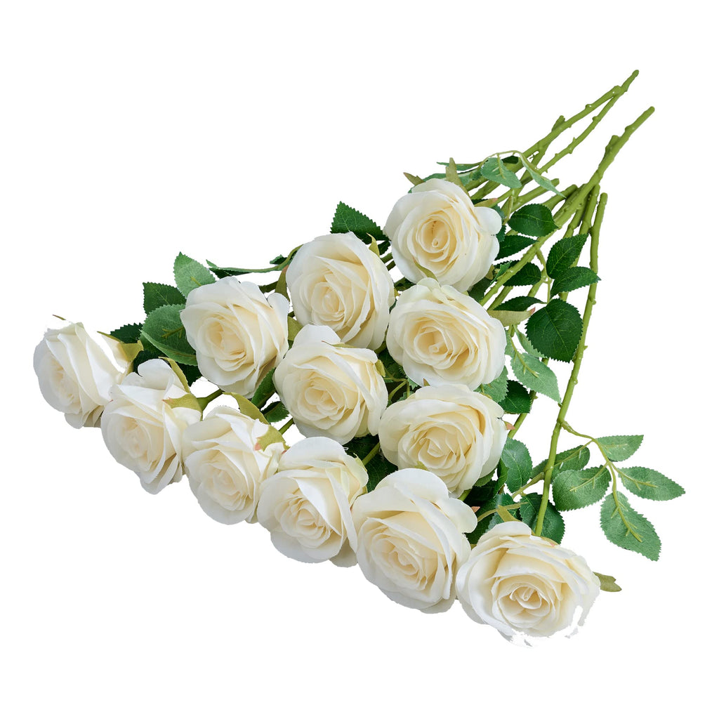 Helera 12pcs Ivory Roses Artificial Flowers Silk Flowers Fake Roses with Long Stems for Wedding Decor Home Decor Baby Shower Par