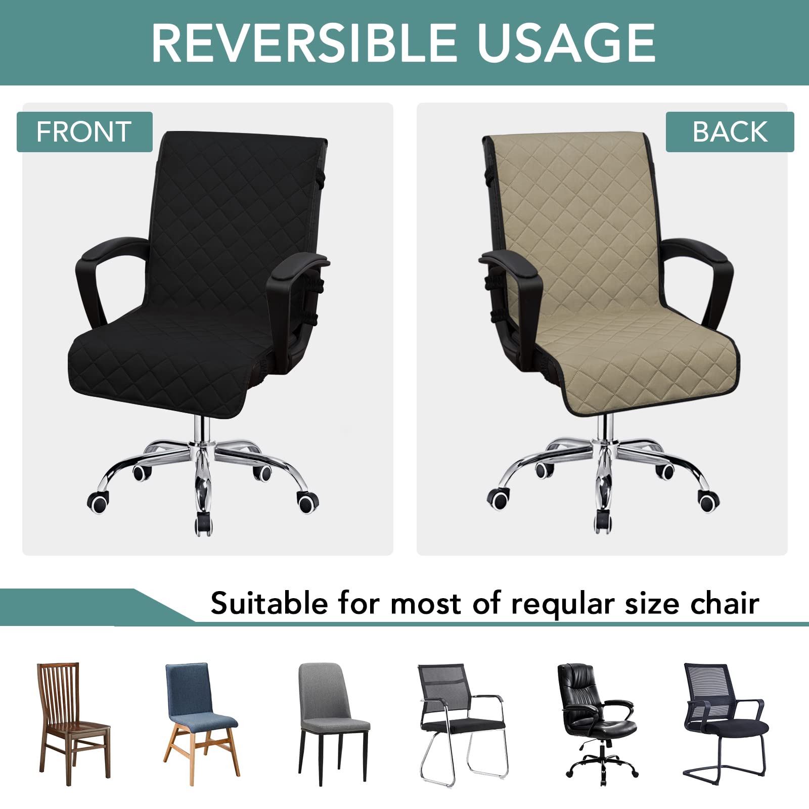 Easy-Going Reversible Office Chair Cover Water Resistant Dining Chair Cover Soft Desk Computer Chair Slipcover With Anti-Slip Buckle For Armchair Or Armless Chair (Large, Black/Beige)