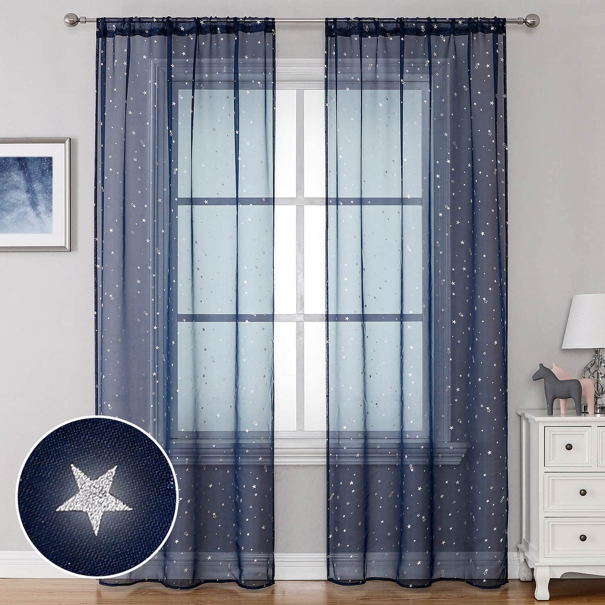 WUBODTI Navy Blue Semi Sheer Voile Window Curtains 84 Inches Long 2 PanelsStarry Tulle Window Treatments Drapes for Kids Boys Be