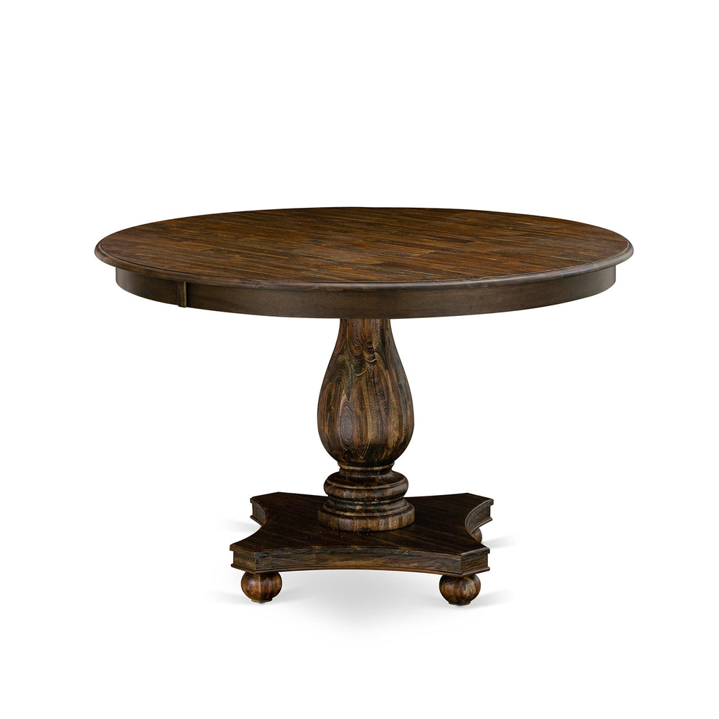 East West Furniture F2AB7-747 7 Piece Dining Room Table Set Consist of a Round Dining Table with Pedestal and 6 Light Sable Linen Fabric Upholstered Chairs, 48x48 Inch, Distressed Jacobean