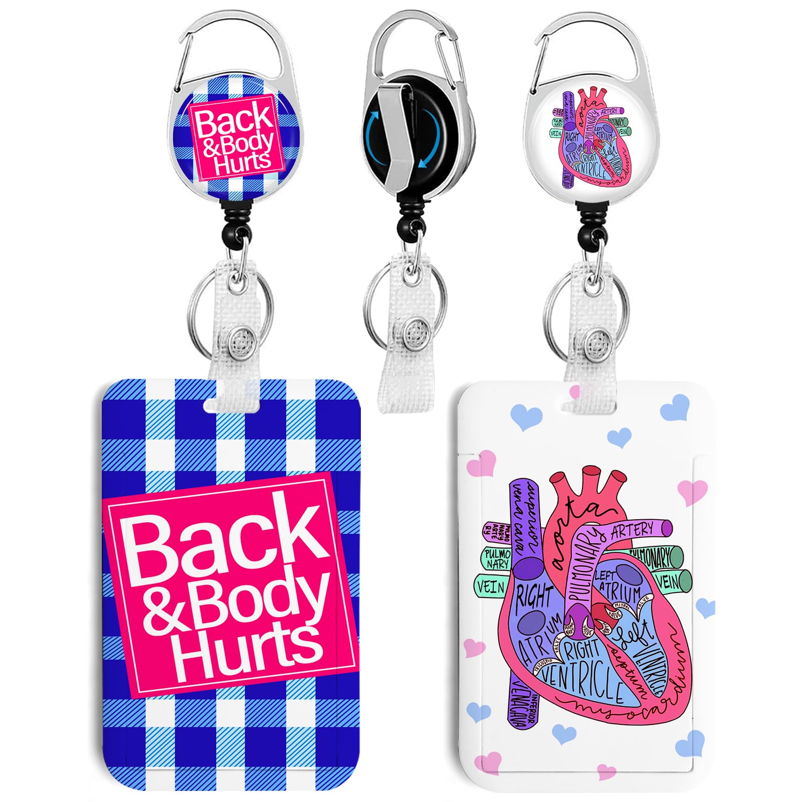 2 Pack Back&Body Hurts&Heart Id Badge Holder With Clip Badge Reels Retractable Heavy Duty,Keychain,Id Holder For School Nurse Of