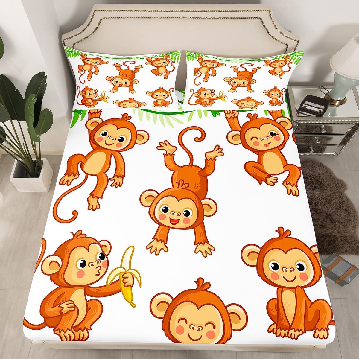 Manfei Monkey Fitted Sheet Cartoon Brown Monkey Printed Bedding Set 2Pcs For Kids Boys Teens Animal Theme Sheet Set Soft Polyest