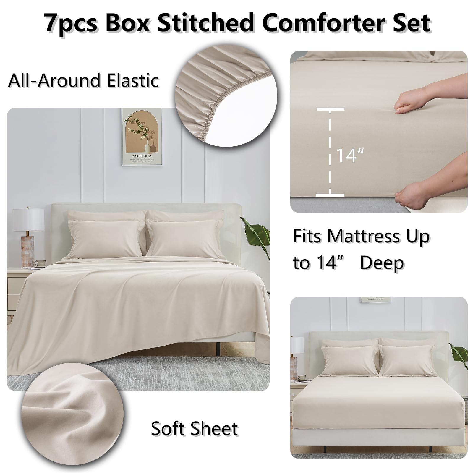 Cozylux Beige Comforter Set Queen 7 Pieces Beige Queen Comforter Set Cream Off White Bedding Sets For All Season With Comforter, Flat Sheets, Fitted Sheet, Pillowcases & Shams