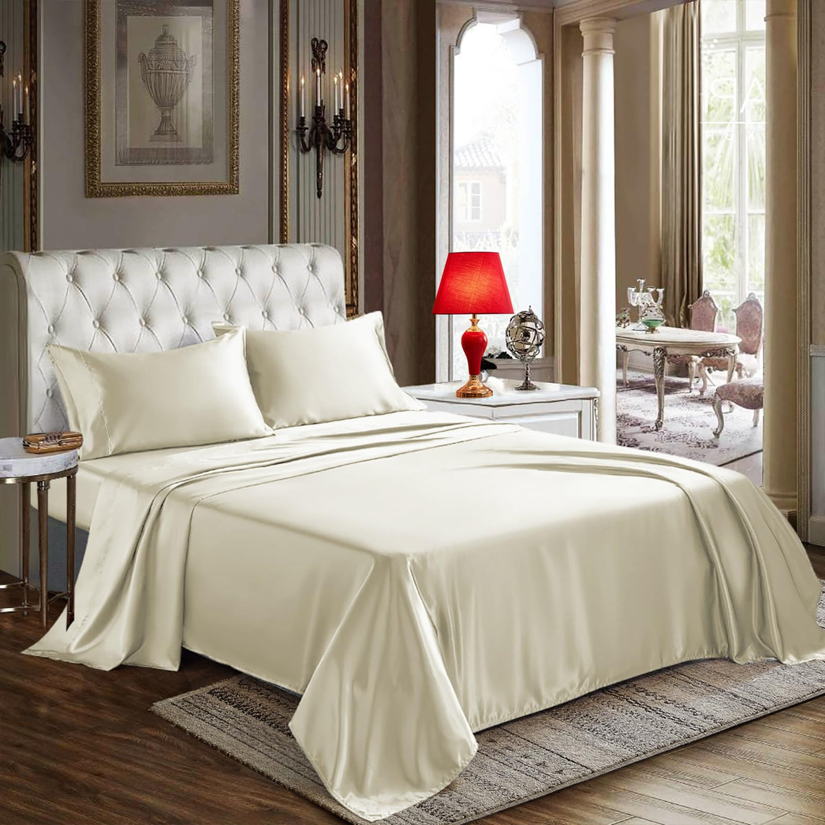 Cozylux Satin Sheets Queen Size - 4 Piece Beige Bed Sheet Set With Silky Microfiber, 1 Deep Pocket Fitted Sheet, 1 Flat Sheet, A