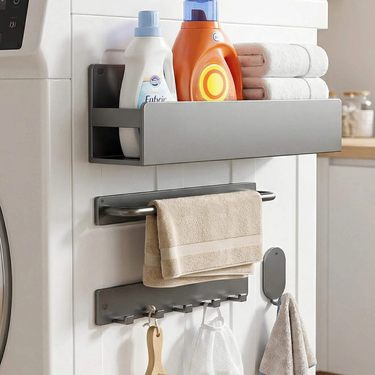 4 Pack Magnetic shelf with Hooks, No Drill for Kitchen & Laundry Organizer