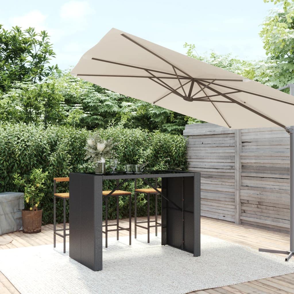 vidaXL Modern Bar Table with Tempered Glass Top and PE Rattan - Black Pub Table with Powder-Coated Steel Frame for Outdoor, Patio and Garden Use, 57.1"x31.5"x43.3"