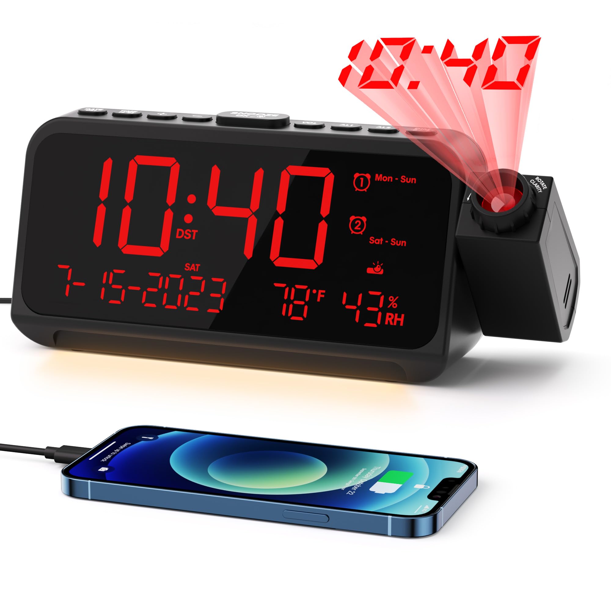 ROCAM Projection Clock for Bedroom, Digital Clock with 180 Projector on Ceiling Wall with 5-Level Dimmer, USB Ports, Dual Loud A