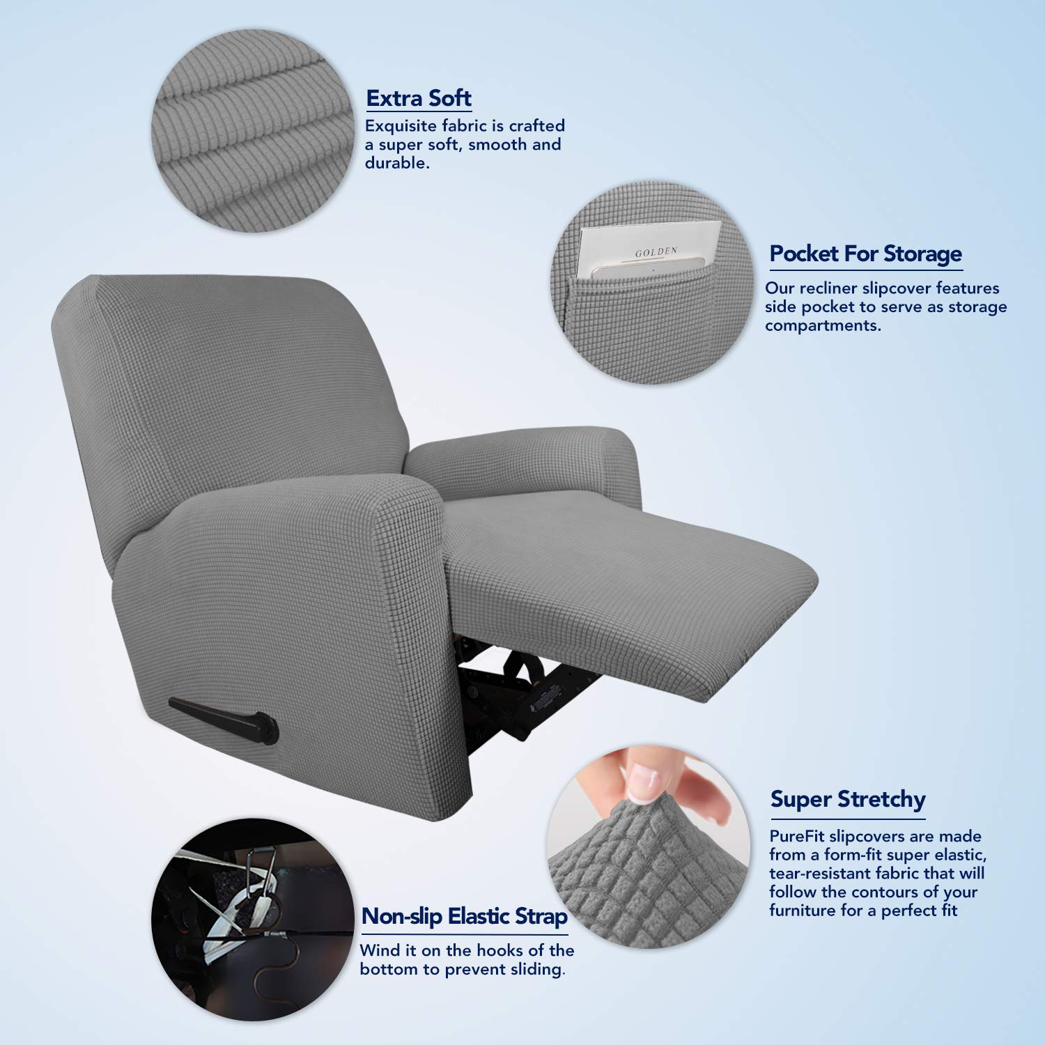 Purefit Stretch Recliner Sofa Slipcover With Pocket – Spandex Jacquard Non Slip Soft Couch Sofa Cover, Washable Furniture Protector With Elastic Bottom For Kids (Recliner, Light Gray)