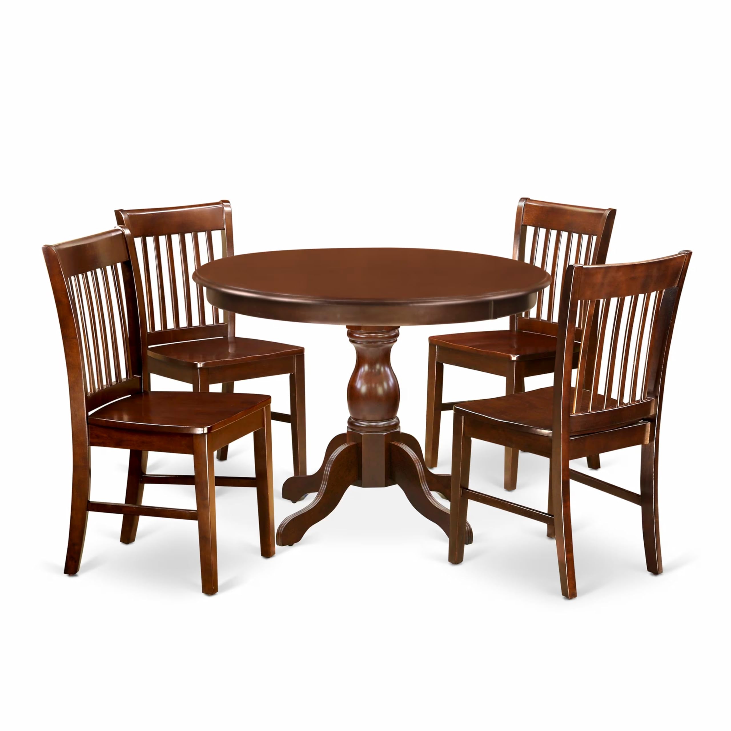 East West Furniture HBNF5-MAH-W 5 Piece Kitchen Table Set for 4 Includes a Round Dining Room Table with Pedestal and 4 Solid Wood Seat Chairs, 42x42 Inch, Mahogany
