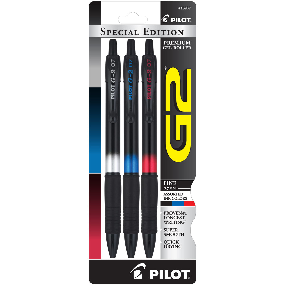 Pilot, G2 Special Edition Premium Gel Roller Pens, Fine Point 0.7 Mm, Black, Blue, Red, Pack Of 3