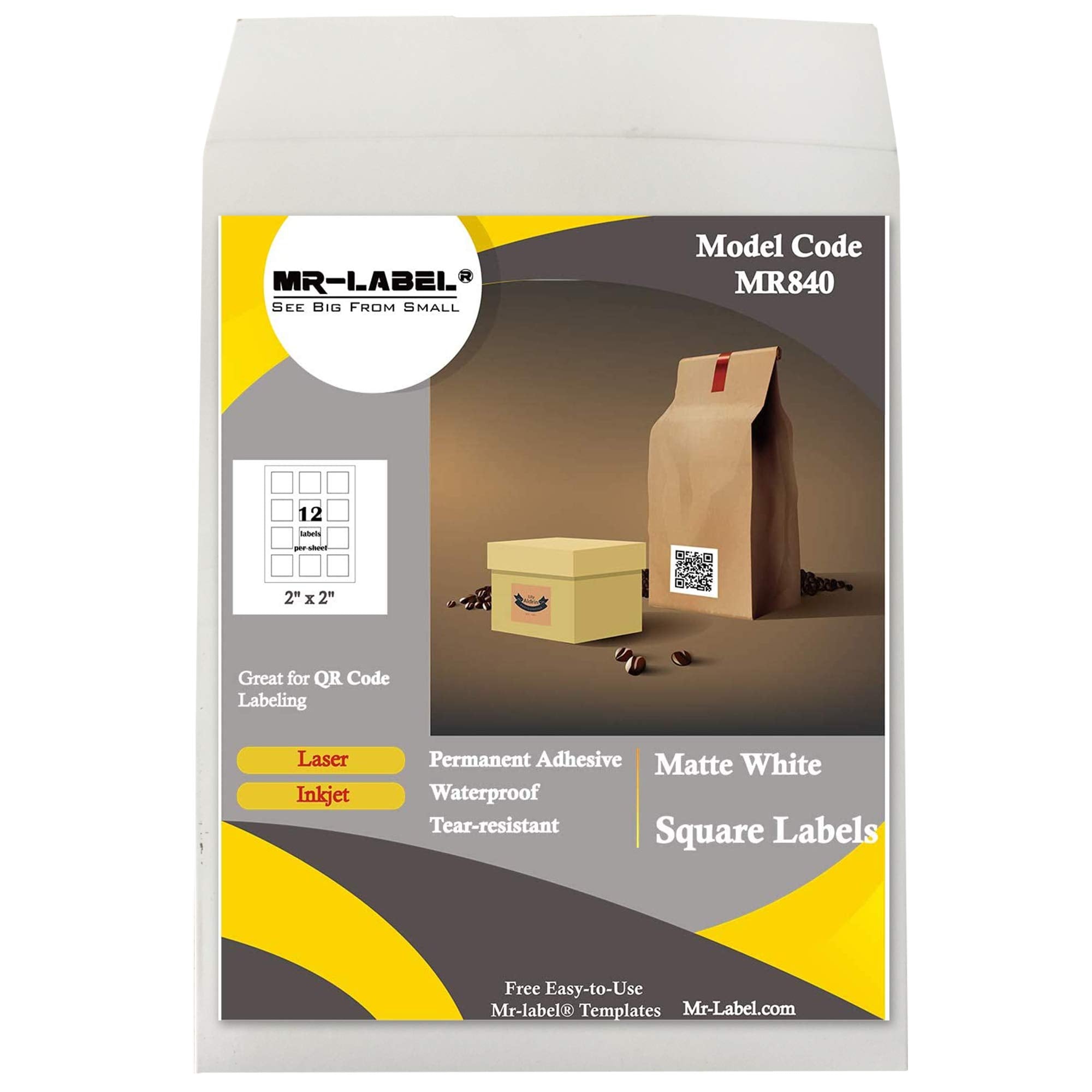 Mr-Label 2' Square White Sticker Label - Waterproof And Tear-Resistant - For Inkjet & Laser Printer - For Food Package | Gift B
