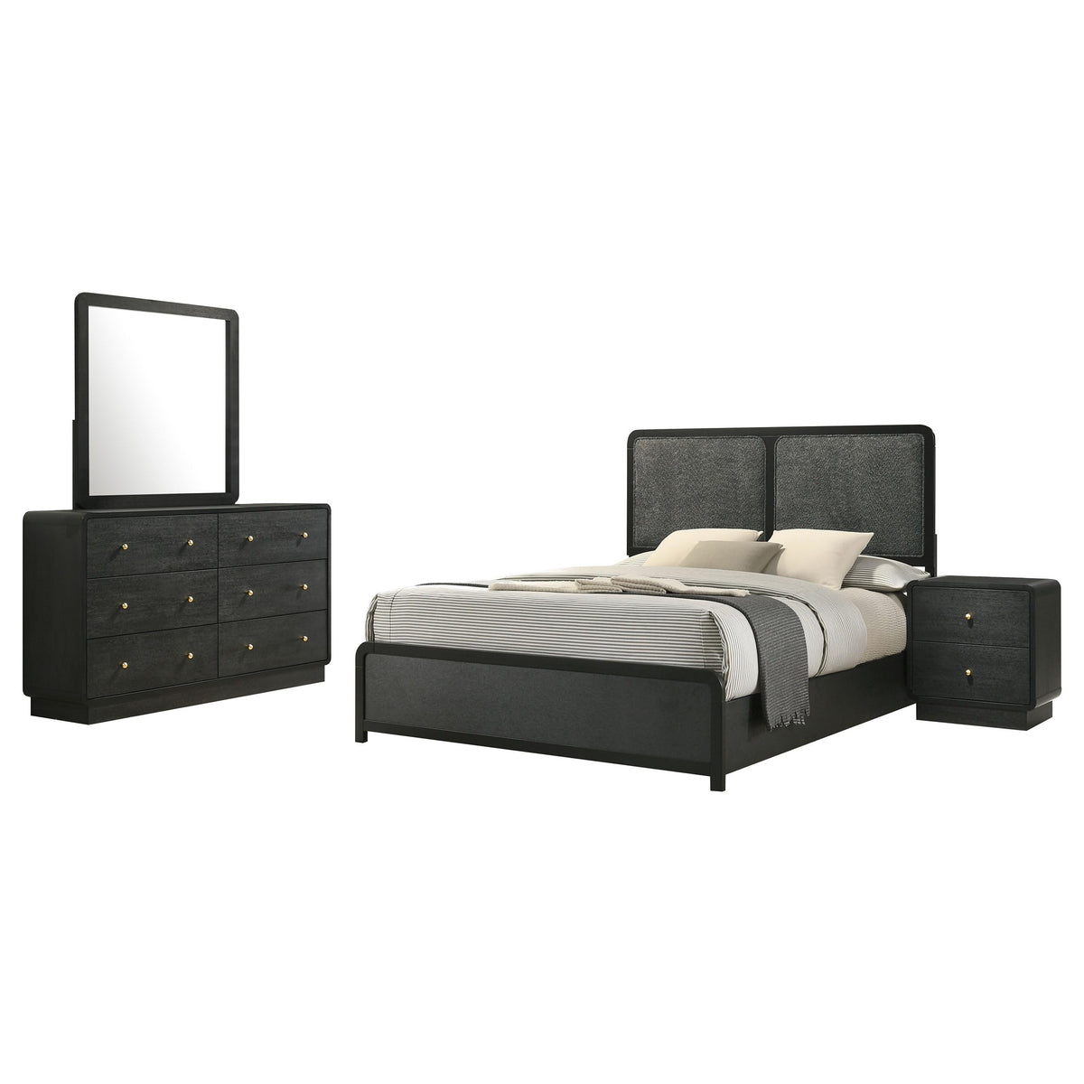 Coaster Home Furnishings Cavelle Transitional 4-Piece Bedroom Set Chenille Upholstered Eastern King Size Panel Bed Frame 51-inch Headboard Black 223661KE-S4