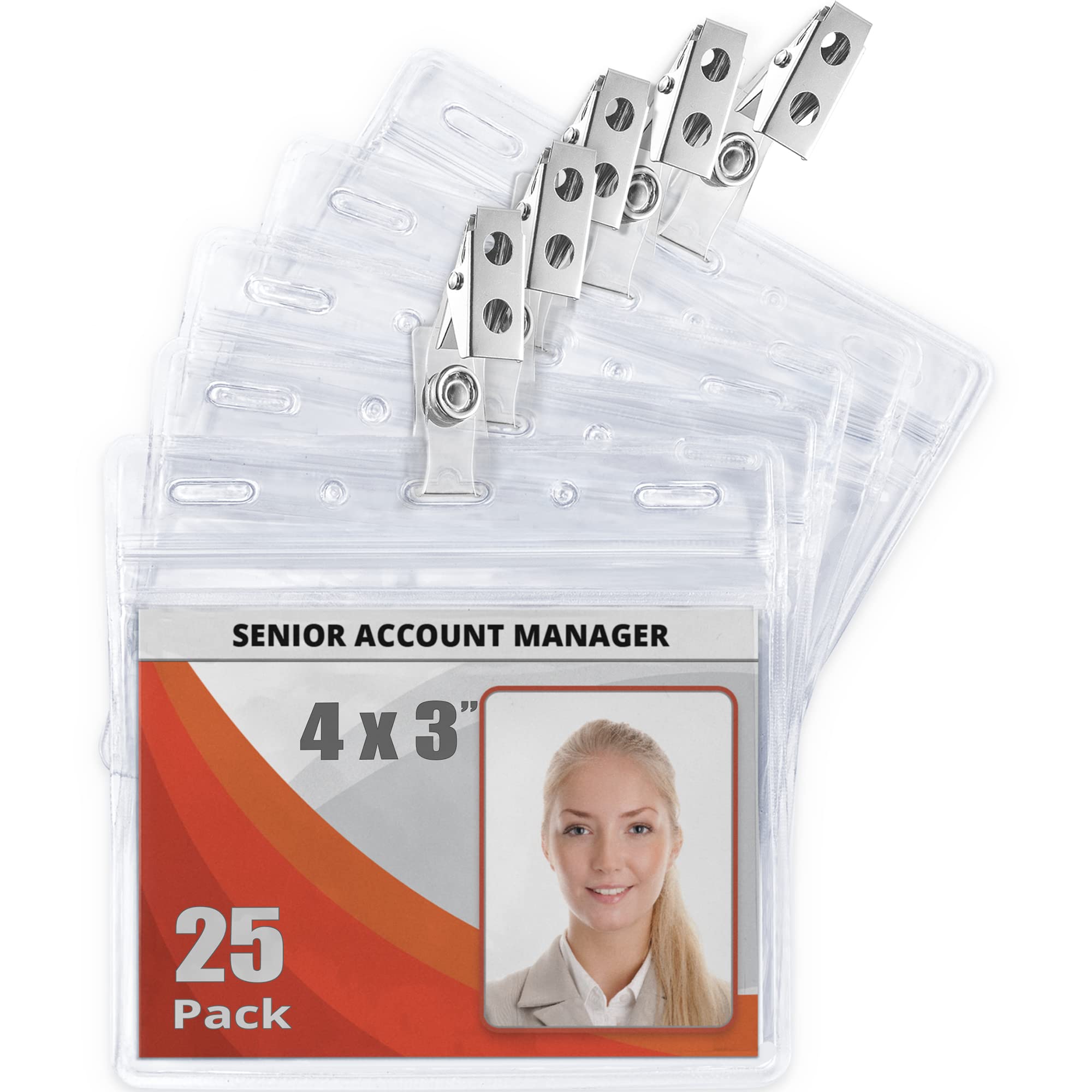 Mifflin-Usa Horizontal Card Protector With Metal Clip And Vinyl Straps (Clear, 4X3 Inch, 25 Pack), Waterproof Pvc Id Name Badge