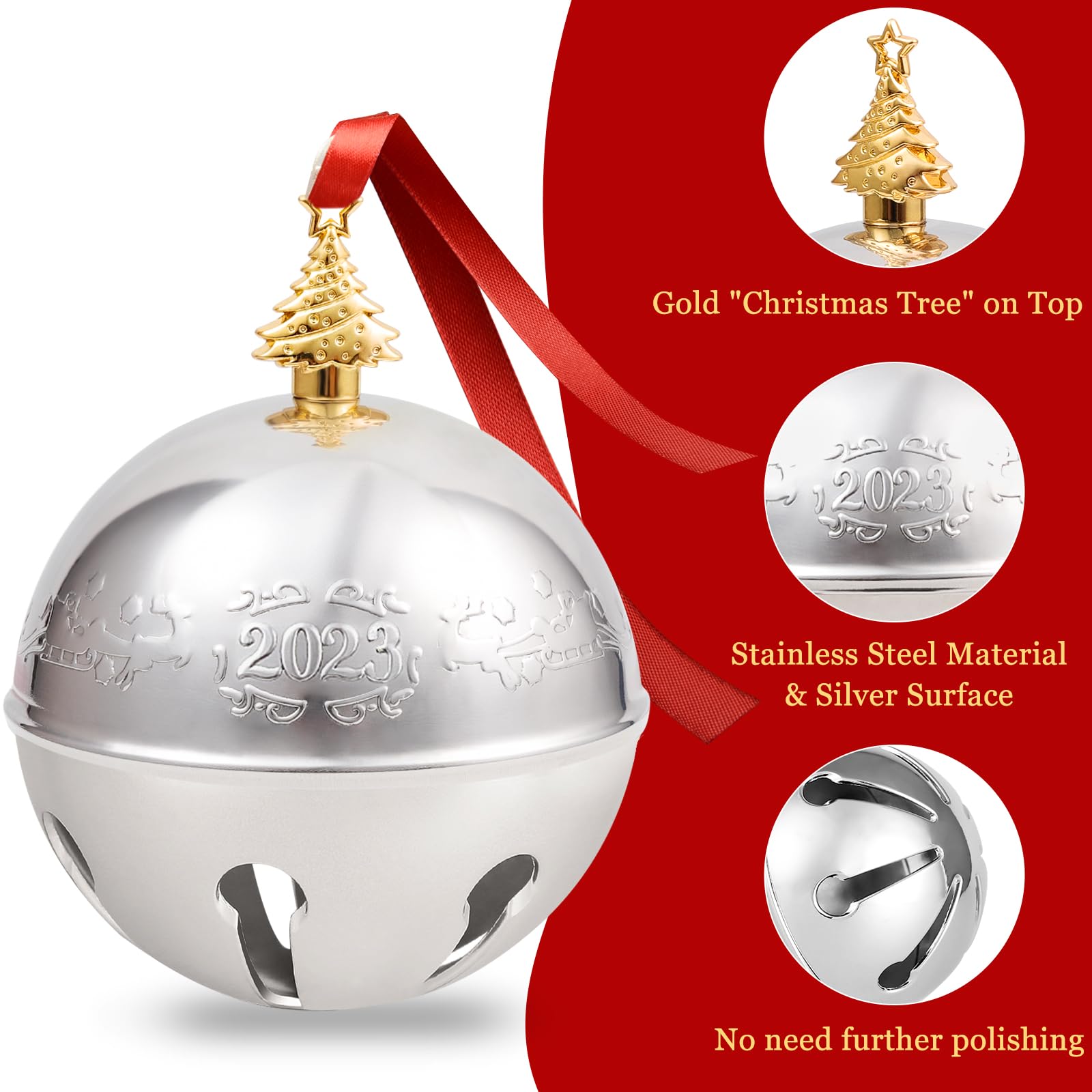 2023 Christmas Bell Ornaments, Sleigh Bell Annual Silver Bell For Christmas Tree Decorations Anniversary Holly Bell Holiday Keep