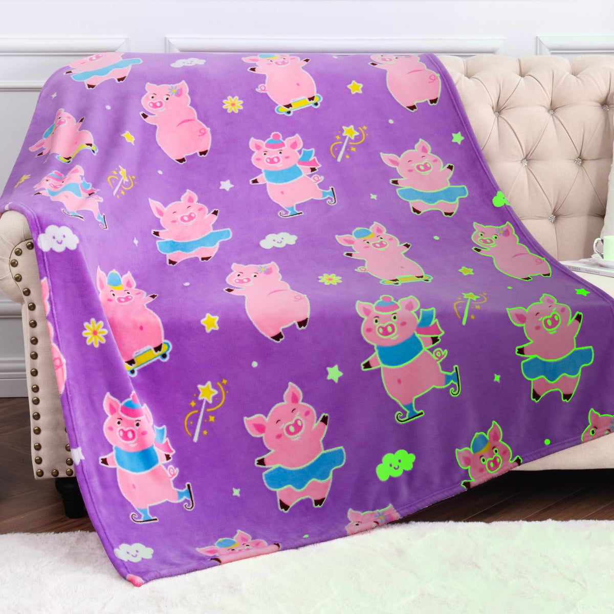 Hohoto Pink Pig Piggy Gifts Toys For Girls - Glow In The Dark Blanket For Kids 1 2 3 4 5 6 7 8 9 10 11 12 13 Years Old - Kawaii