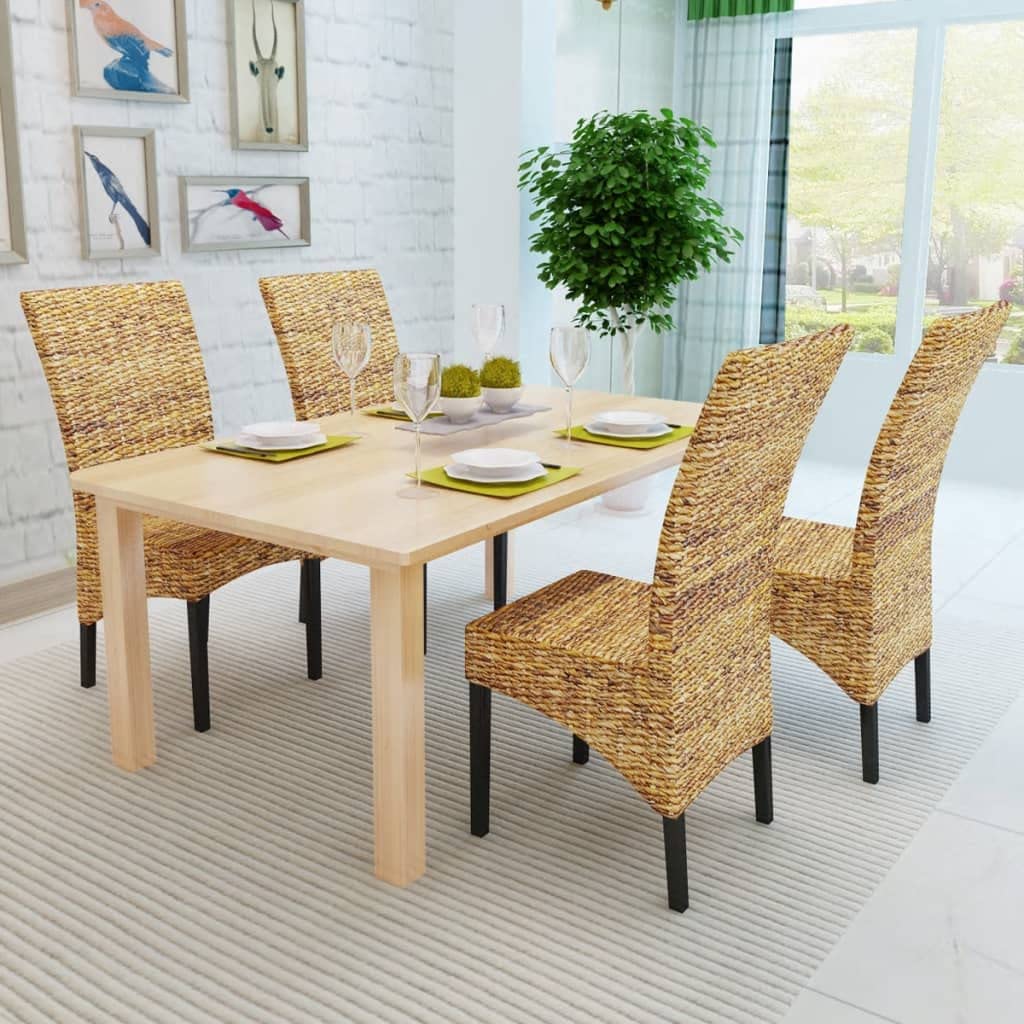Vidaxl Handcrafted Dining Chairs 4 Pcs Abaca & Solid Mango Wood - Manila Styled Kitchen Chair Set, Brown, Comfortable Woven Seat