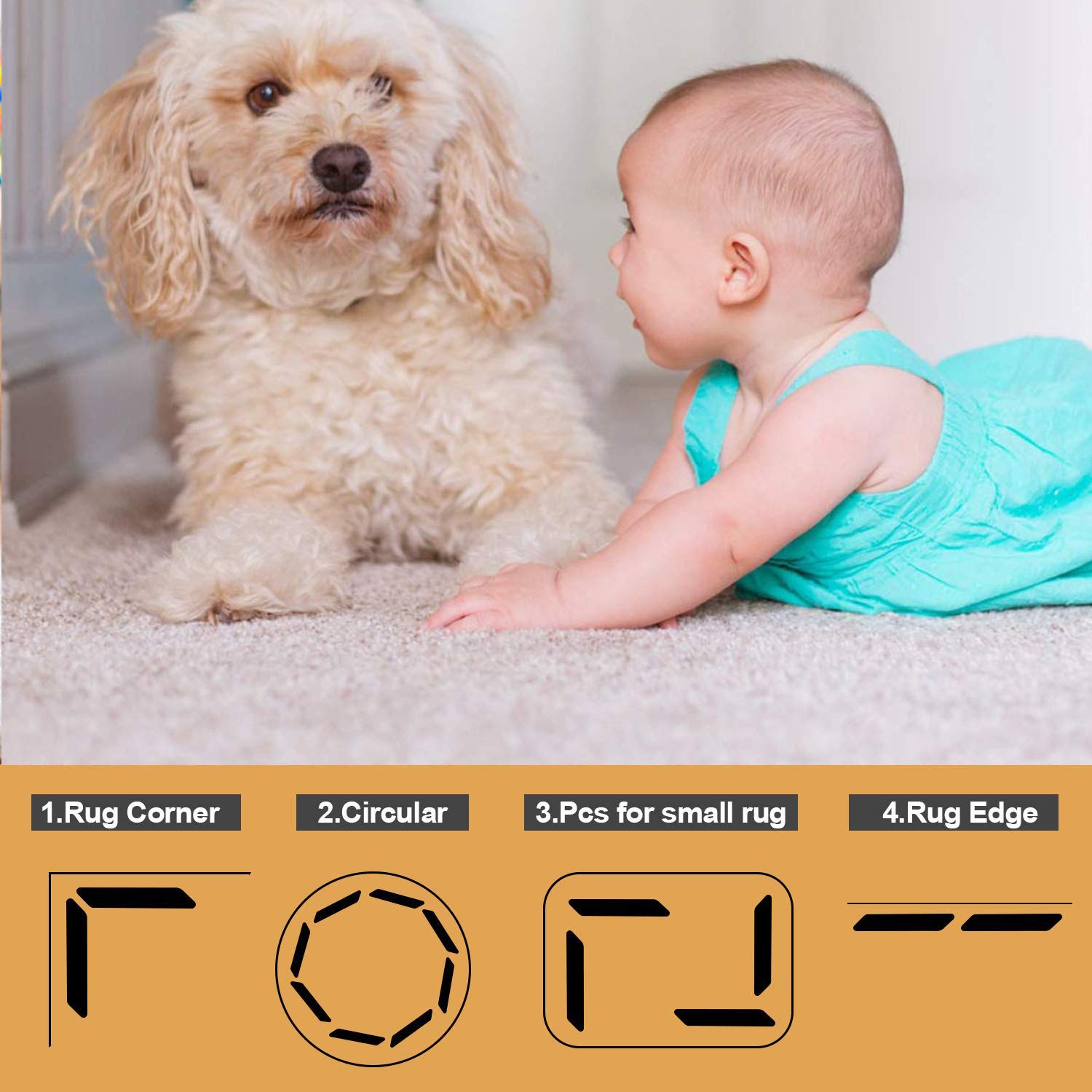 Sollifa Rug-Grip, 16 Pcs Dual Sided Washable Removable Prevent Curling Corner Carpet Holder, Keep Rug In Place Non Slip Adhesive