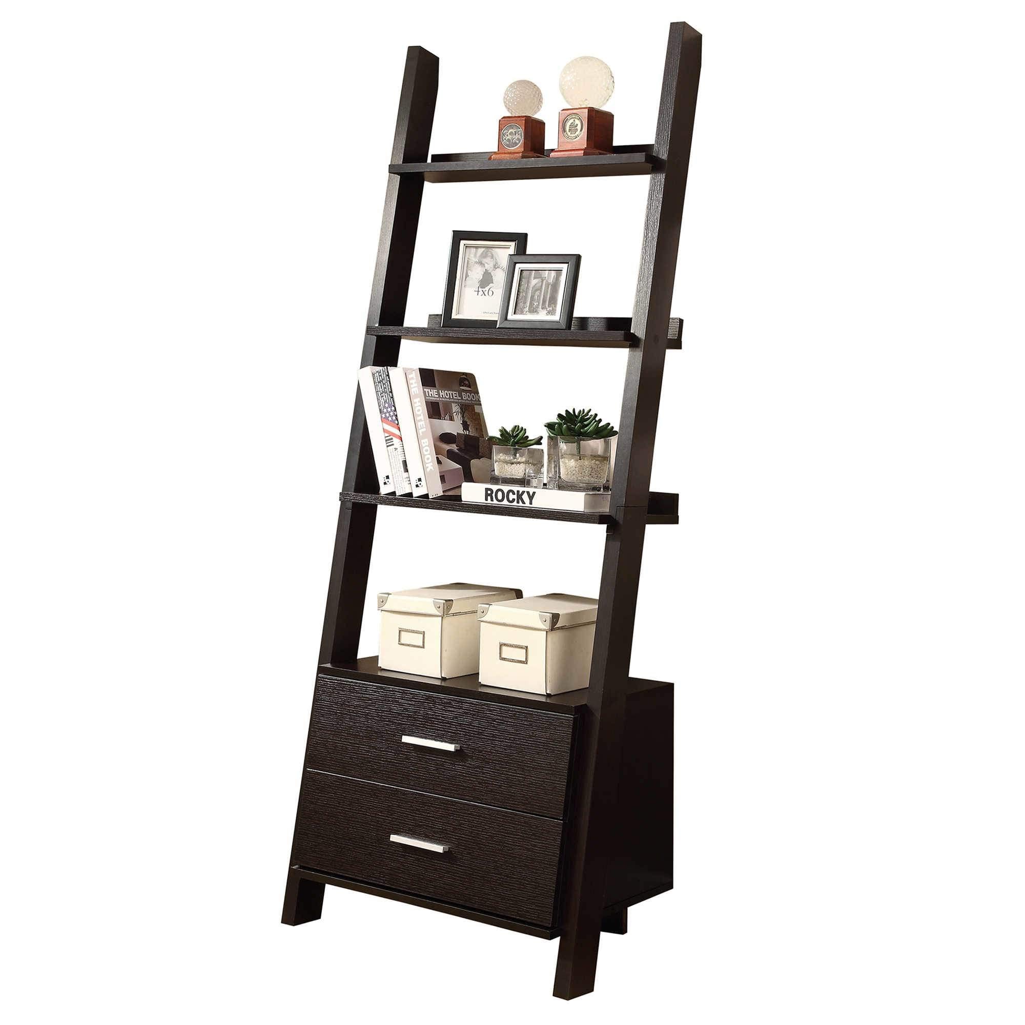 Monarch Specialties , Bookcase, Ladder with 2-Storage Drawers, Cappuccino, 69&quot;H