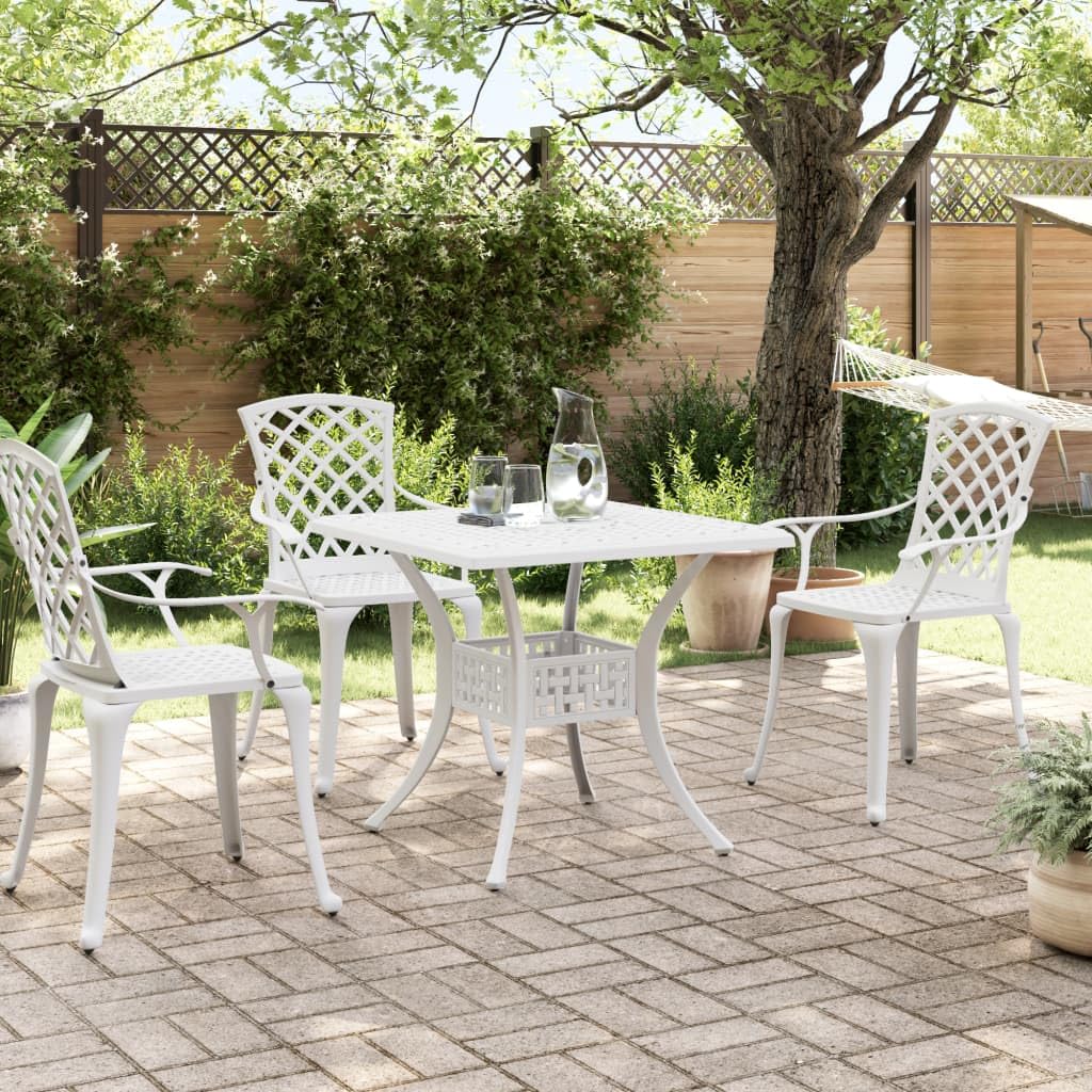 vidaXL Cast Aluminum Patio Table in White - 31.5"x31.5"x29.5" - Outdoor/Indoor Garden Table with Umbrella Hole, Lightweight, Corrosion Resistant