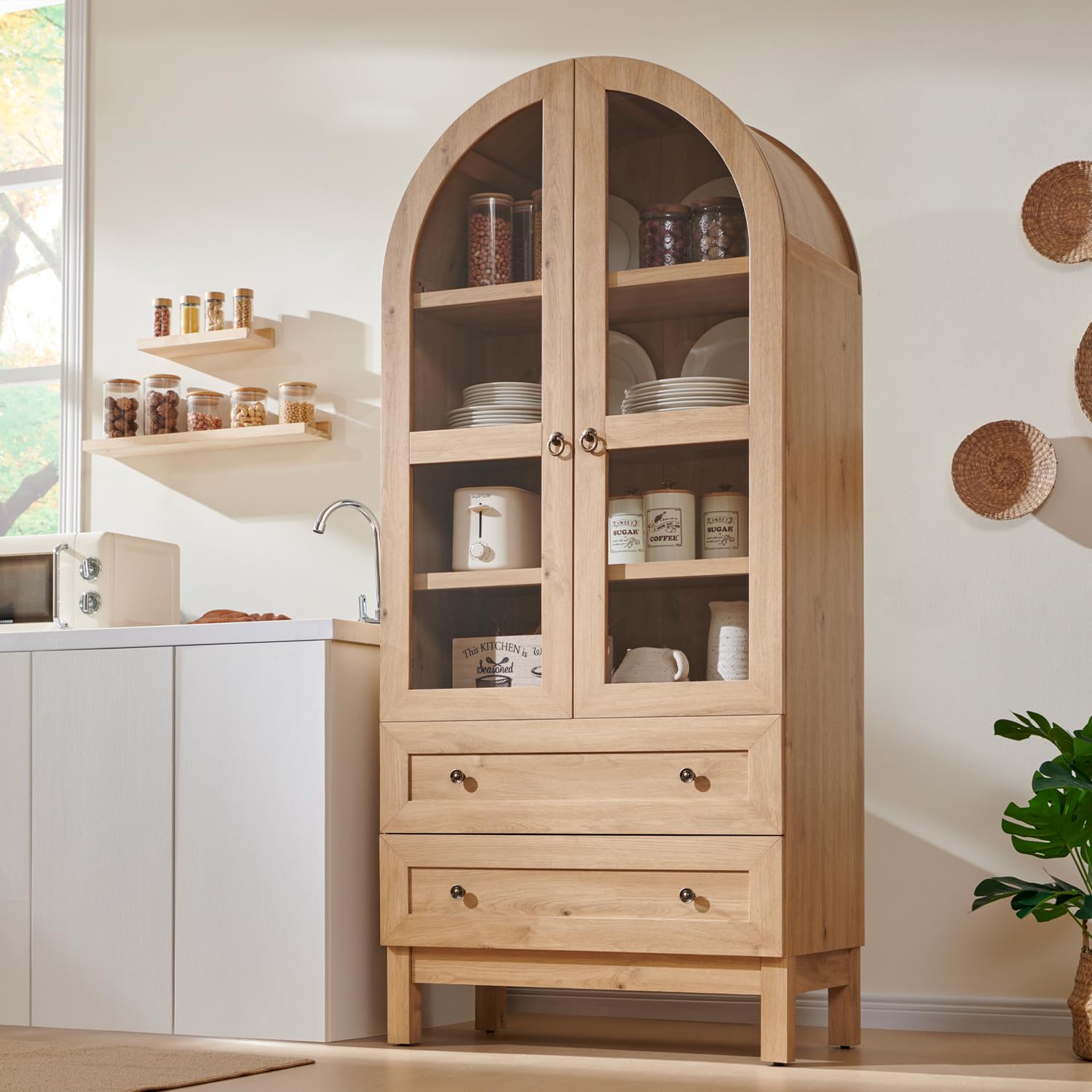 IFGET 71 Tall Arched Kitchen Pantry, Modern Farmhouse Wood Kitchens Storage Cabinets with 2 Large Drawers and Adjustable Shelves