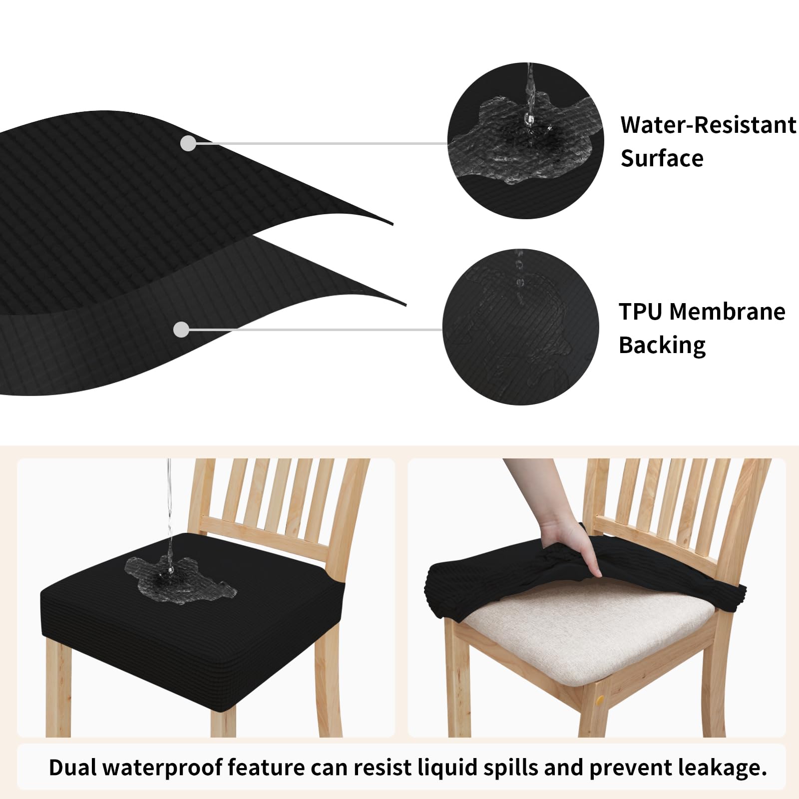 Easy-Going 100% Waterproof Seat Covers For Dining Room Chairs, Stretch Jacquard Chair Seat Slipcovers Removable And Washable Kitchen Dining Chair Covers (Set Of 8, Black)