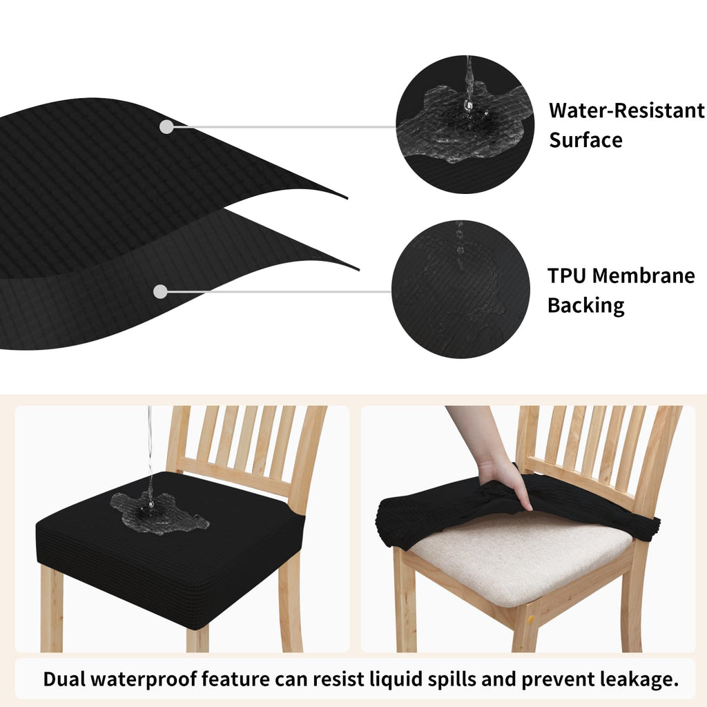 Easy-Going 100% Waterproof Seat Covers For Dining Room Chairs, Stretch Jacquard Chair Seat Slipcovers Removable And Washable Kitchen Dining Chair Covers (Set Of 8, Black)