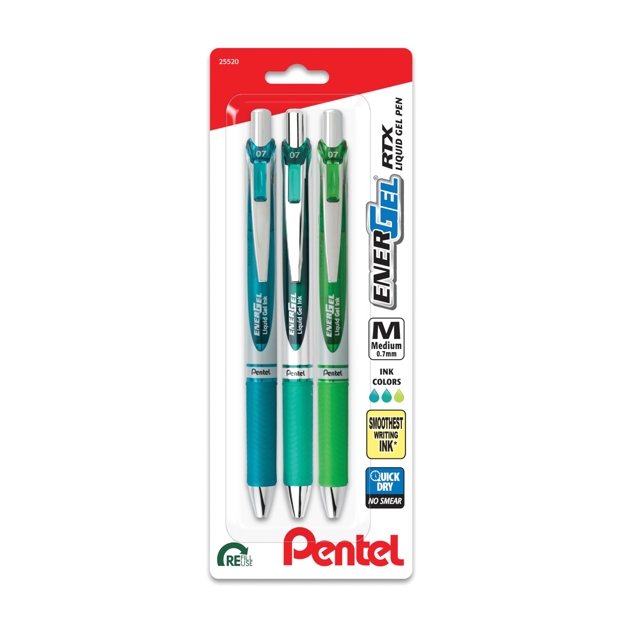 Pentel Energel Rtx Retractable Liquid Gel Pen, 0.7Mm, Chill Hue, Turquoise, Green, And Lime Green Ink, Pack Of 3 Pens (Bl77Chibp
